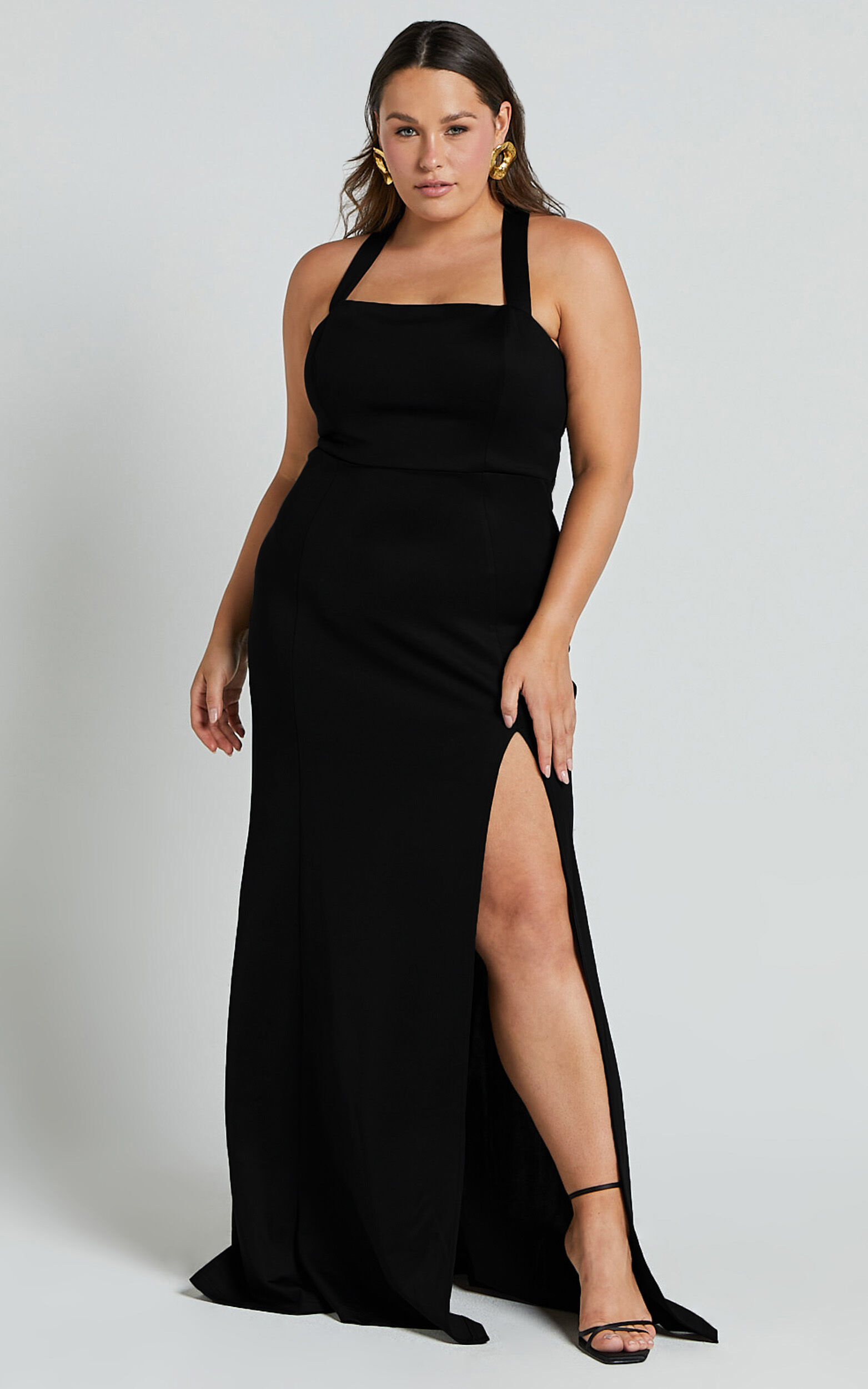 Lainie Maxi Dress - Straight Neck Thigh Split Cross Back in Black