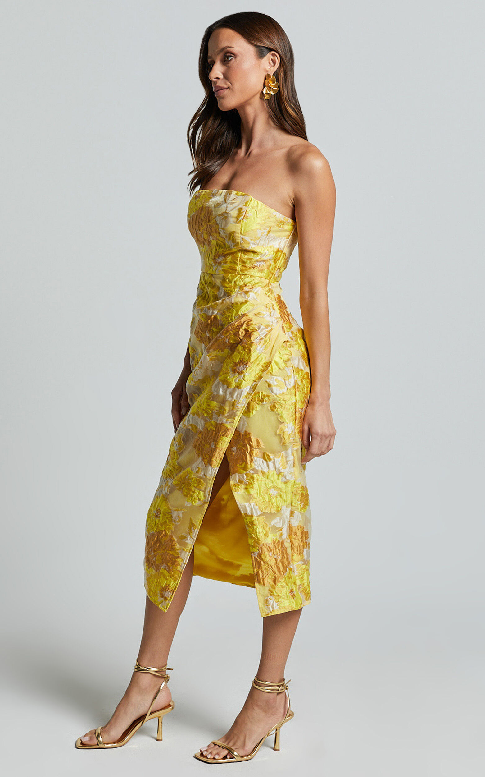 Brailey Midi Dress - Thigh Split Strapless Dress in Yellow Jacquard
