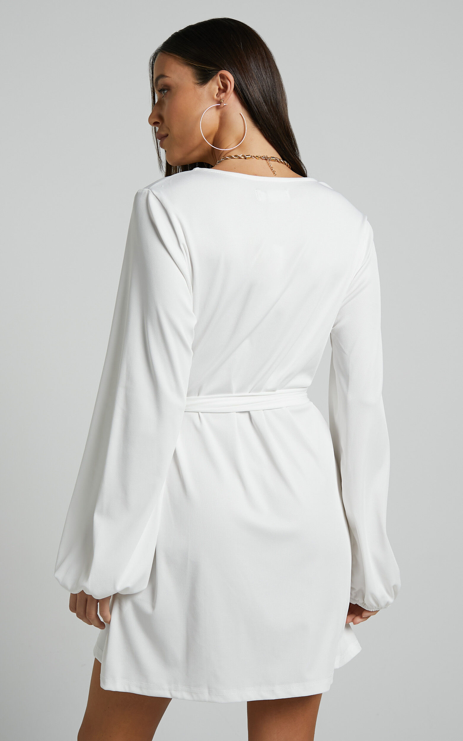 Lexina Mini Dress - Long Sleeve Wrap Centre Tie Dress in Off White