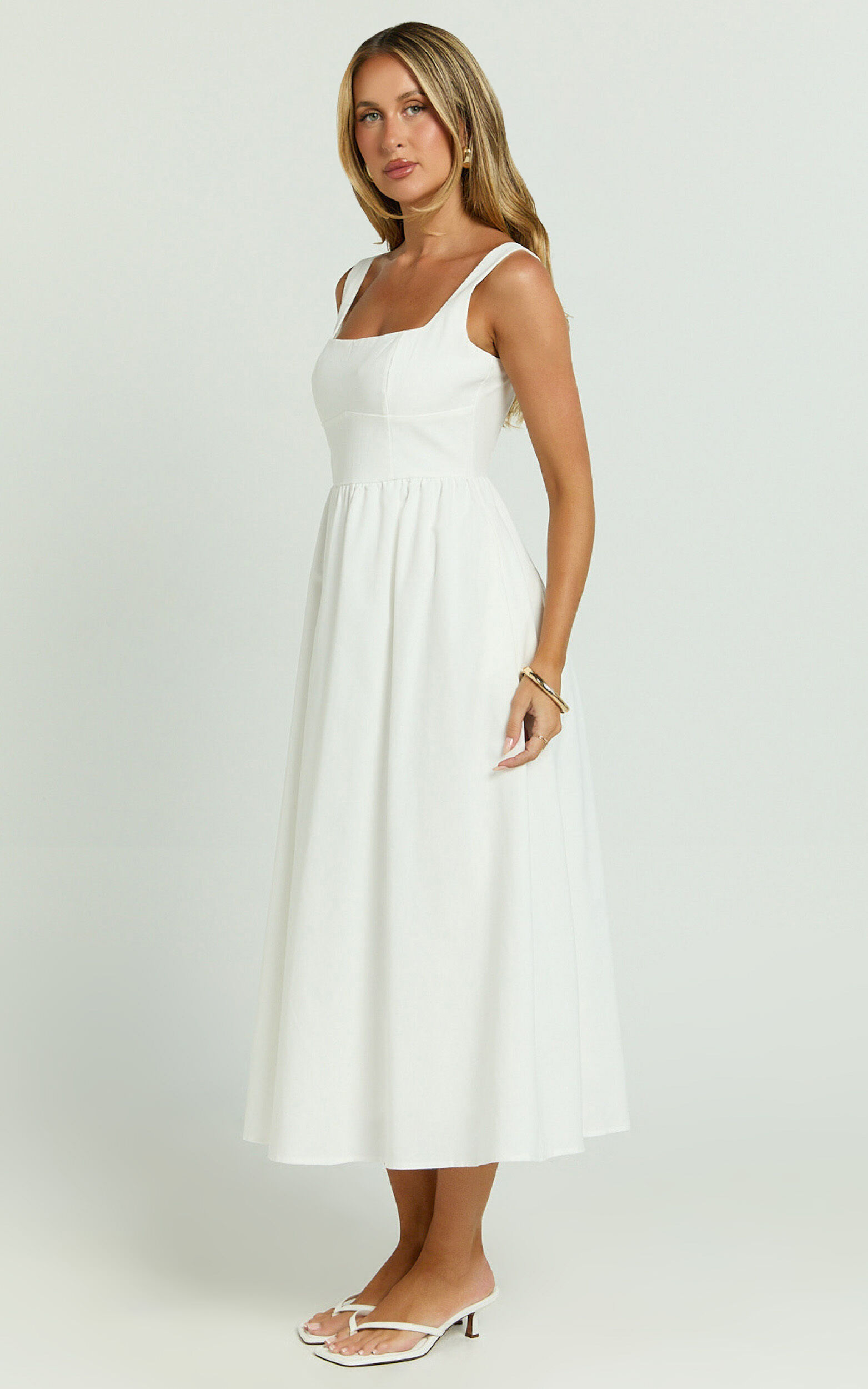 Khari Midi Dress - Linen Look Square A Line Dress in White