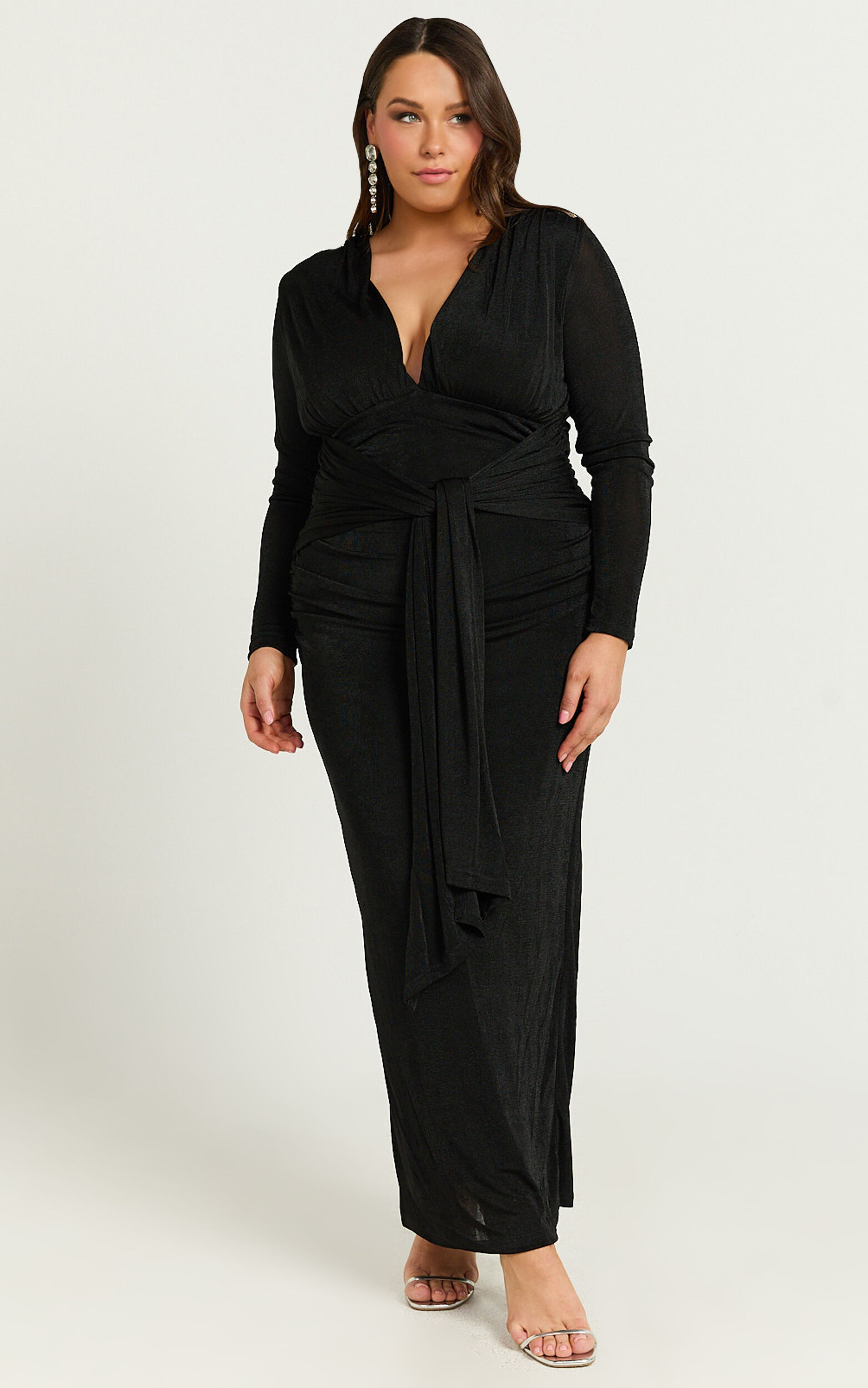 Melanie Midi Dress - Plunge Long Sleeve Tie Front Dress in Black