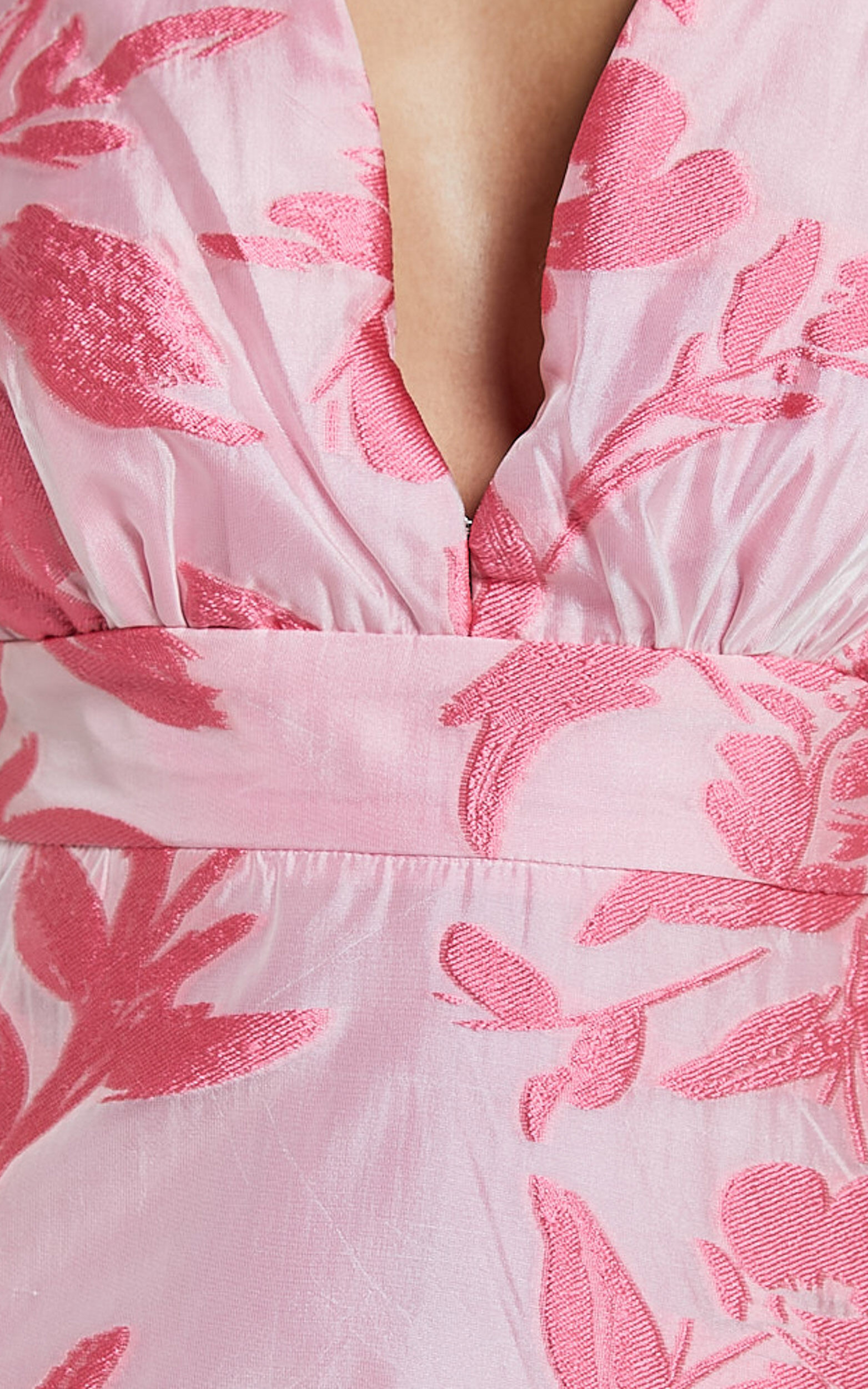 Reba Midi Dress - V Neck Tiered Jacquard Dress in Pink