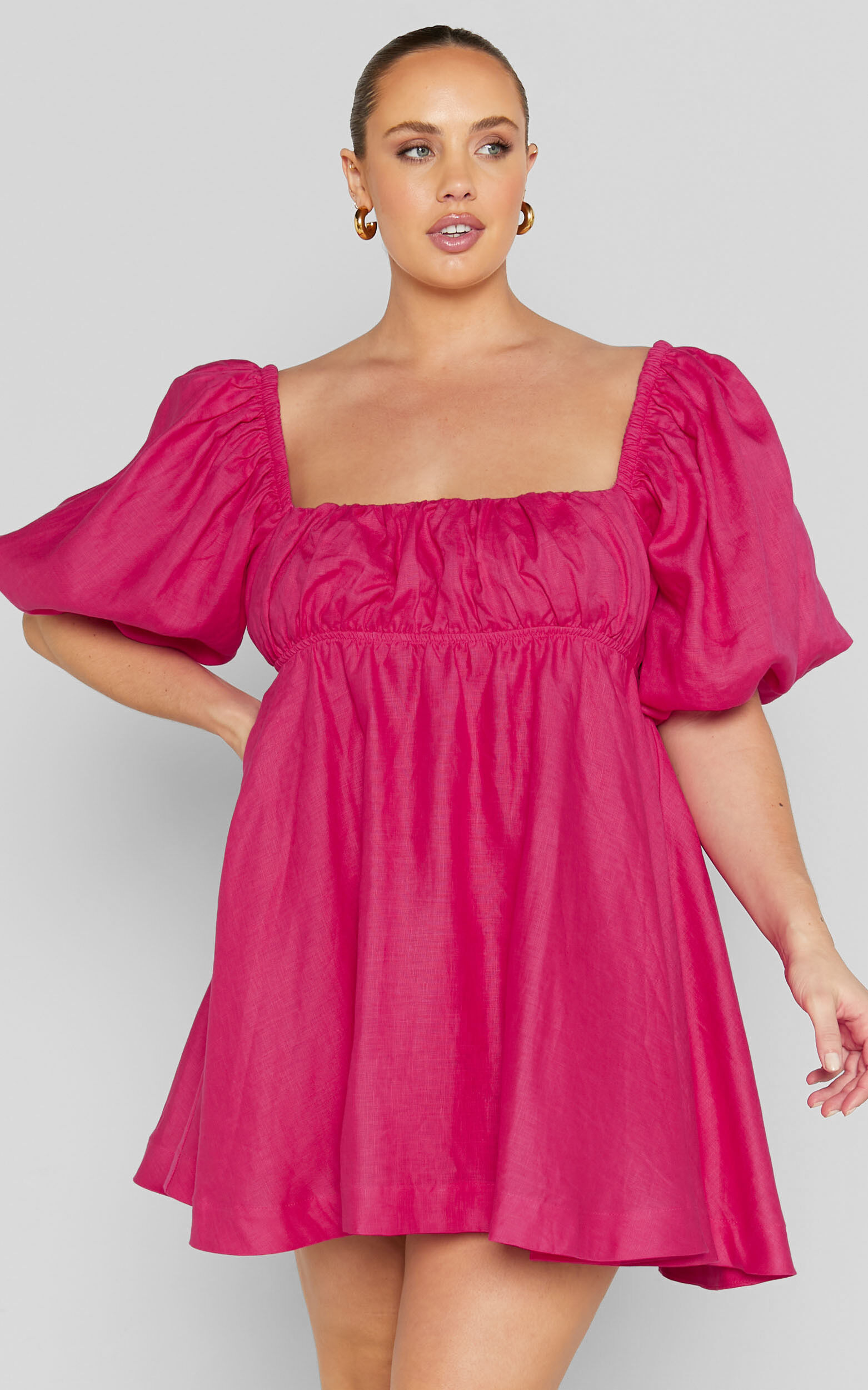 Amalie The Label - Hamyya Linen Tie Back Puff Sleeve Mini Linen Dress in Magenta
