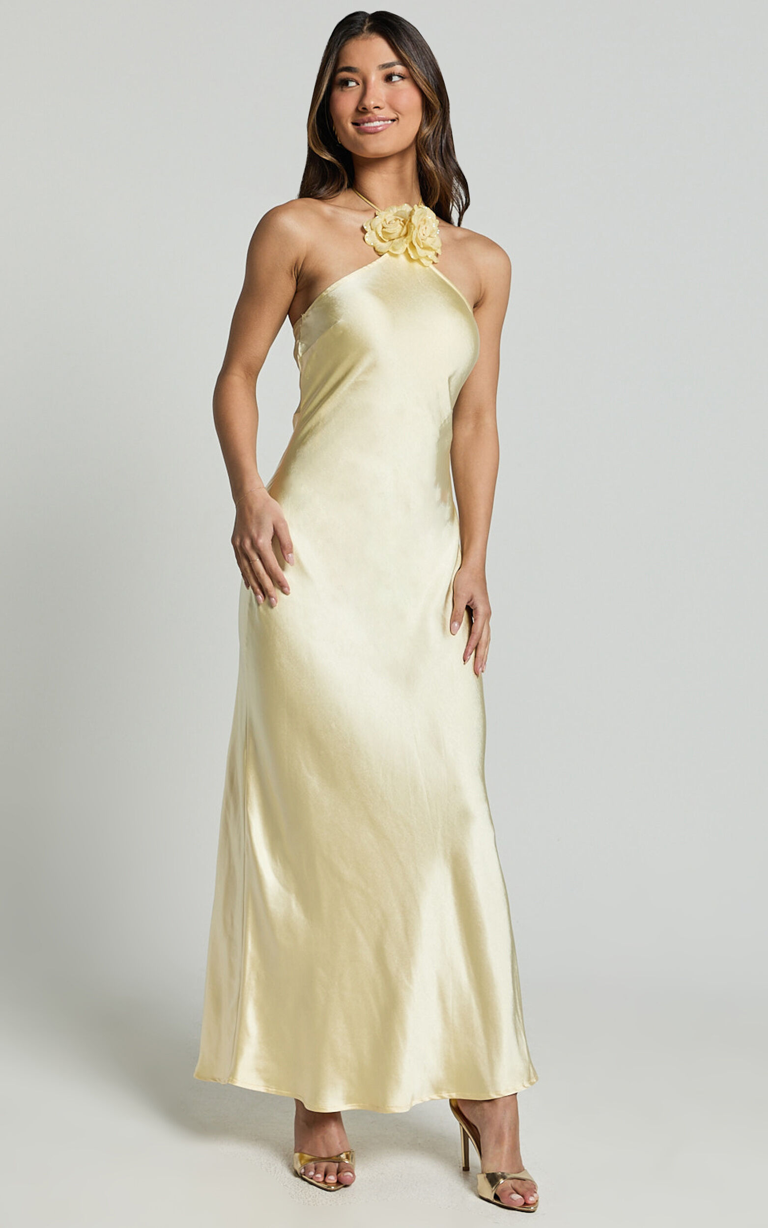 Keithy Midi Dress - Rosette Halter Neck Slip Dress in Lemon