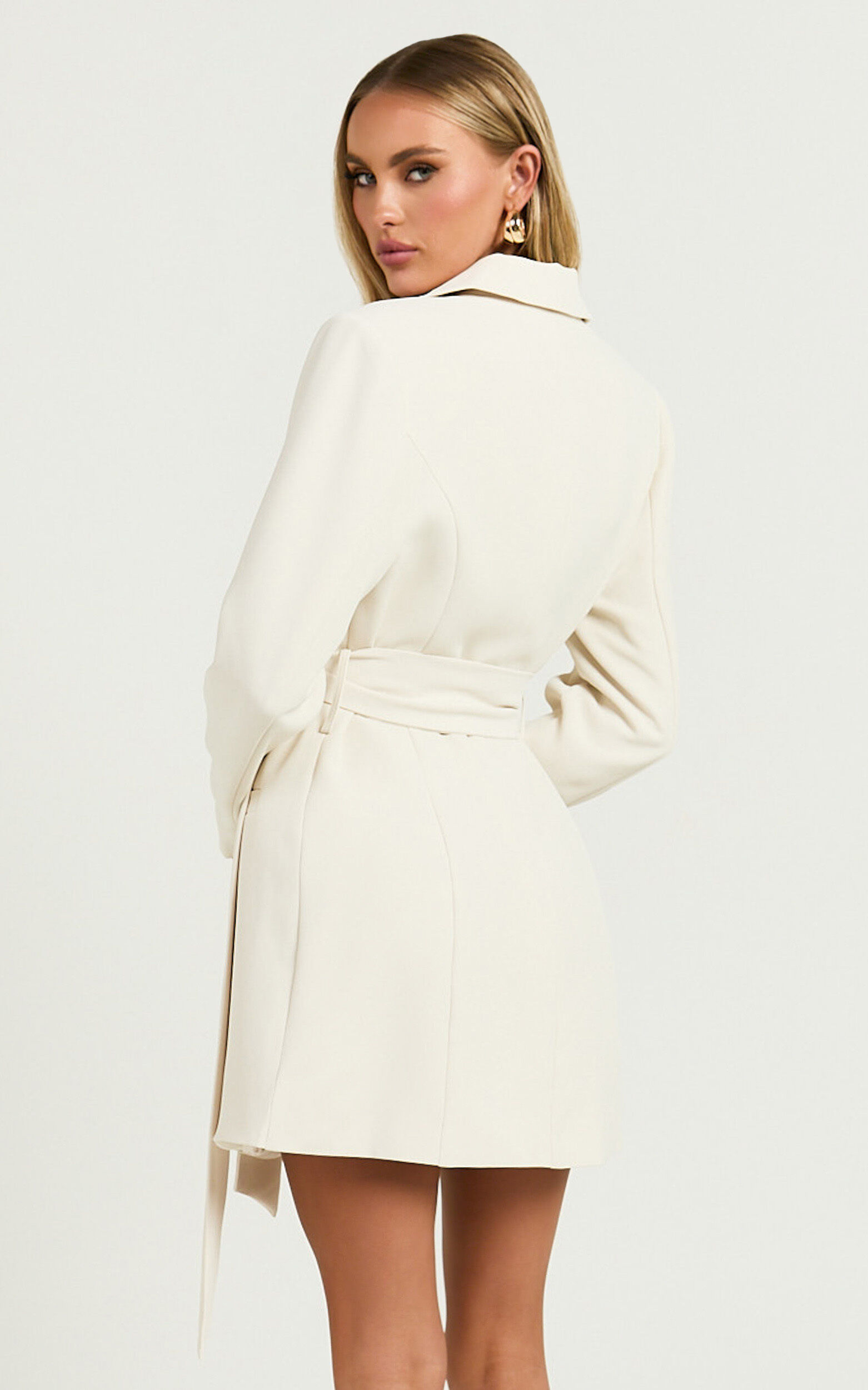 Mhina Mini Dress - Waist Tie Blazer Dress in Stone