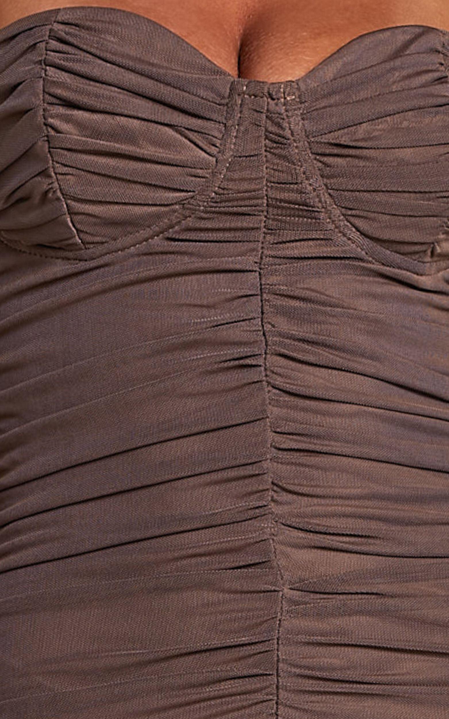 Leanor Midi Dress - Mesh Ruched Bustier Bodycon Dress in Chocolate