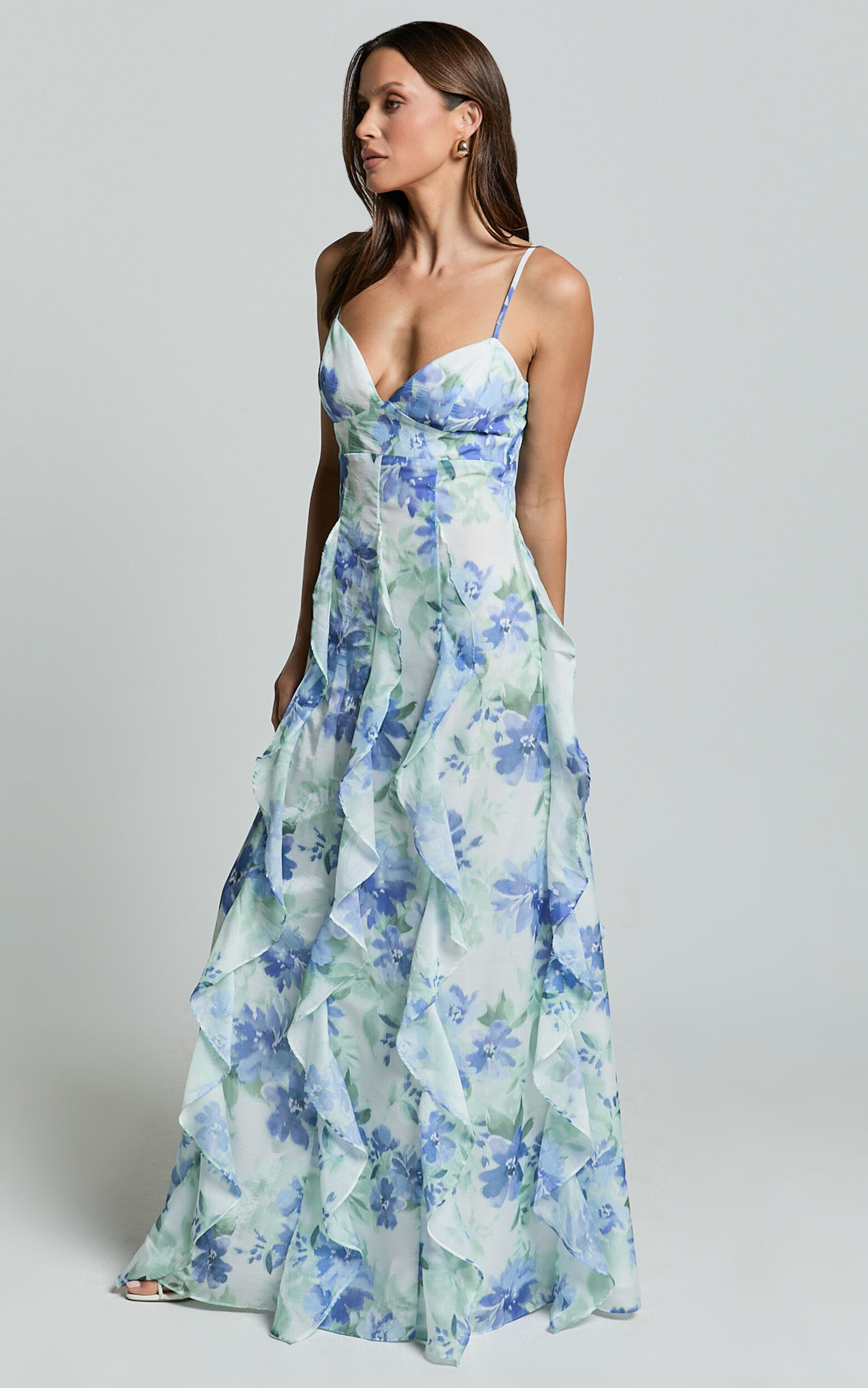 Amalie The Label - Rosalie Strappy Cut Out Ruffle Detail Maxi Dress in Elysian Print