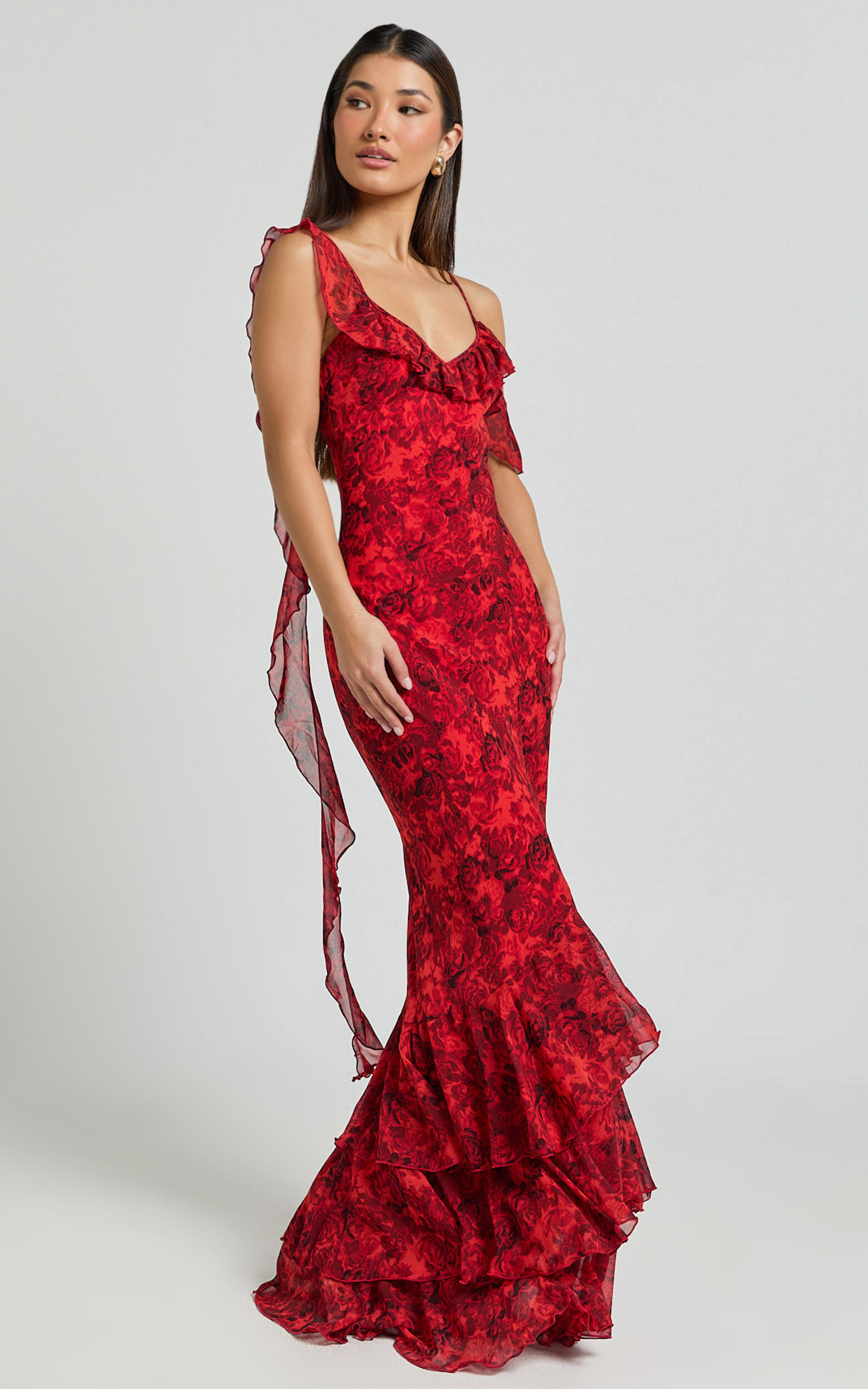 Riley Maxi Dress - Asymmetric Ruffle Detail Maxi Dress in Red Rose Print