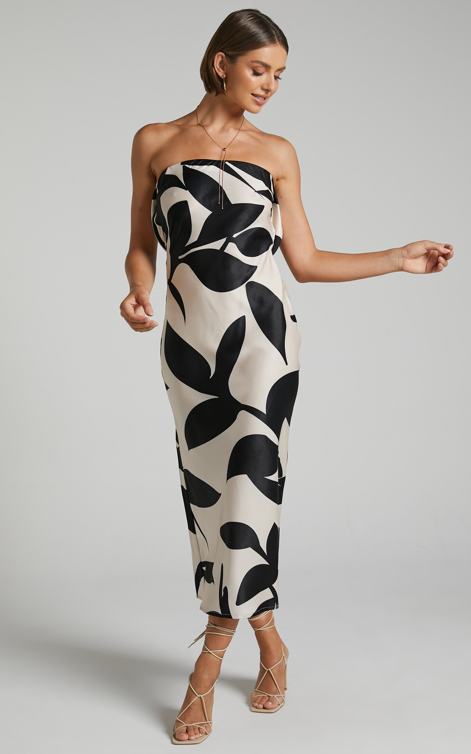 Madelyn Midi Dress - Strapless Palm Print Satin Dress in Cream and Black Shadow Print