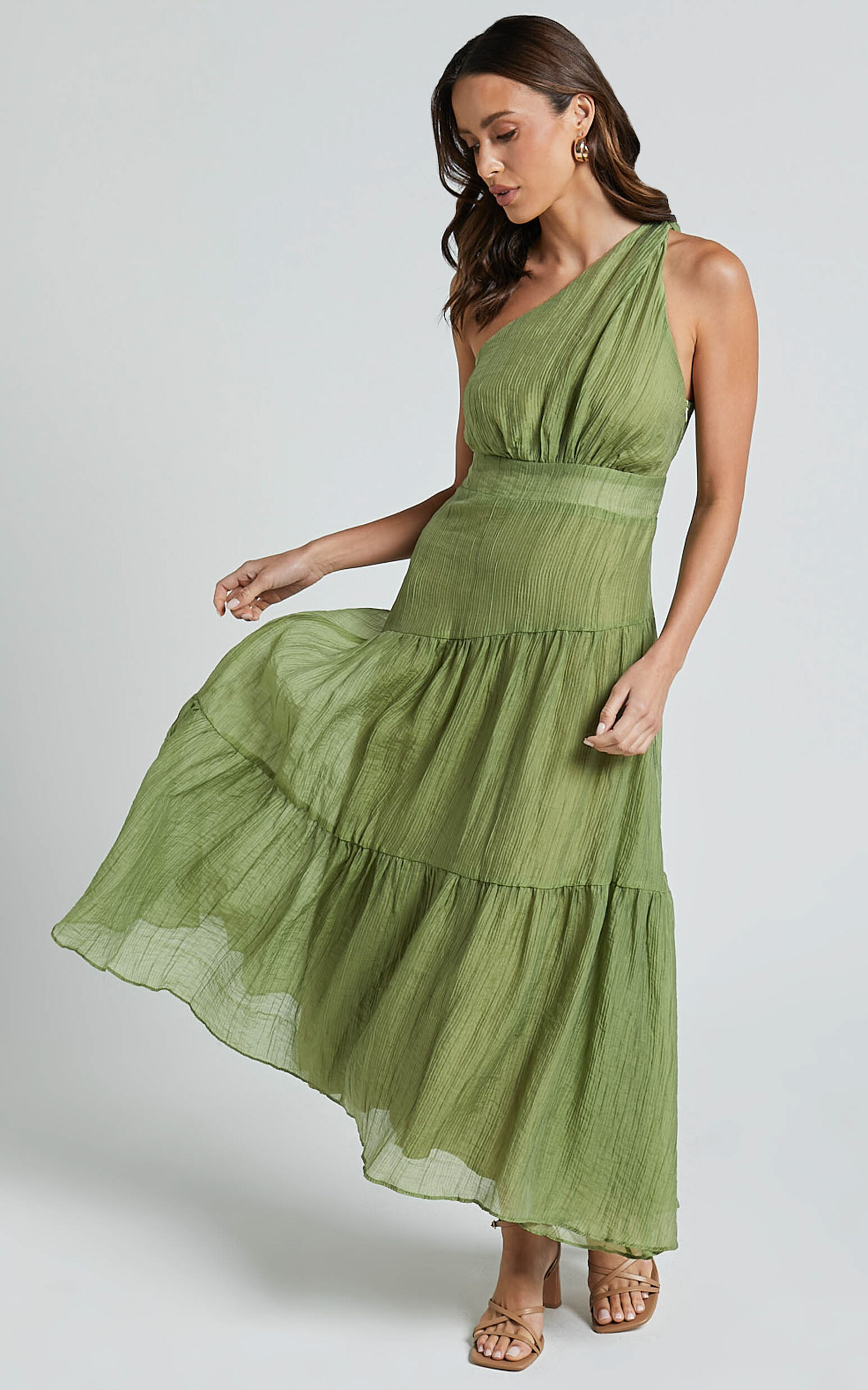 Edeline Midi Dress - One Shoulder Twist Tiered Dress in Olive