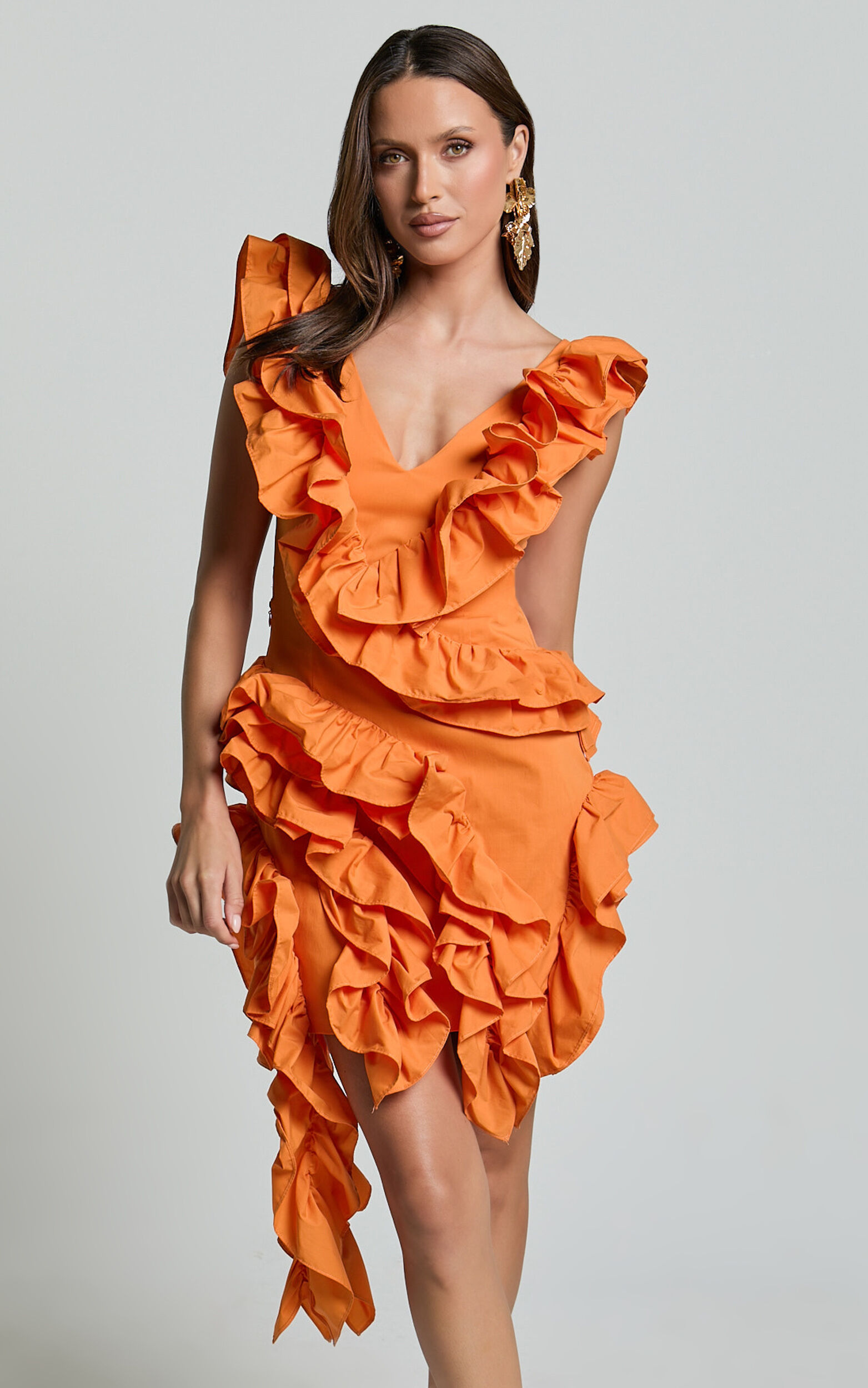 Amalie The Label - Lilou Ruffle Detail Cut Out Mini Dress in Orange