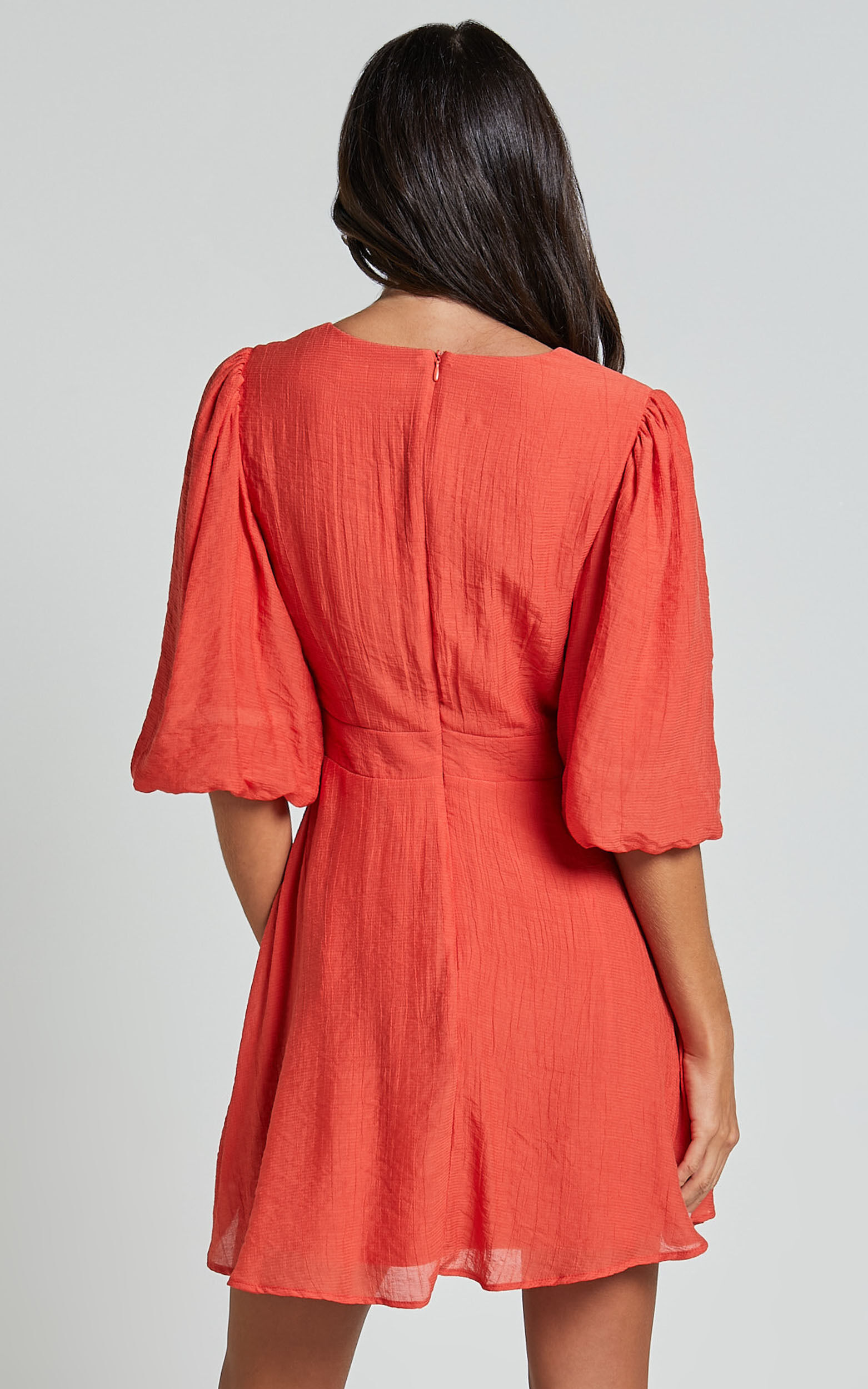 Jackielyn Mini Dress - Front Cut Out V Neck Puff Sleeve A Line Dress in Papaya
