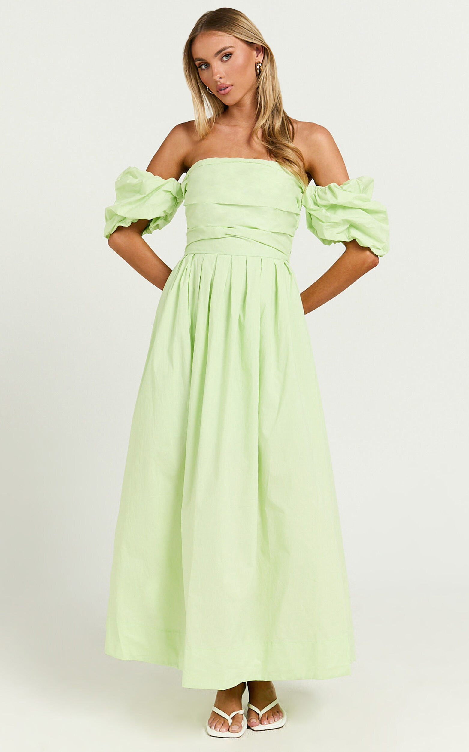 Annie Midi Dress - Off The Shoulder Ruffle Sleeve Pleated Dress in Lime