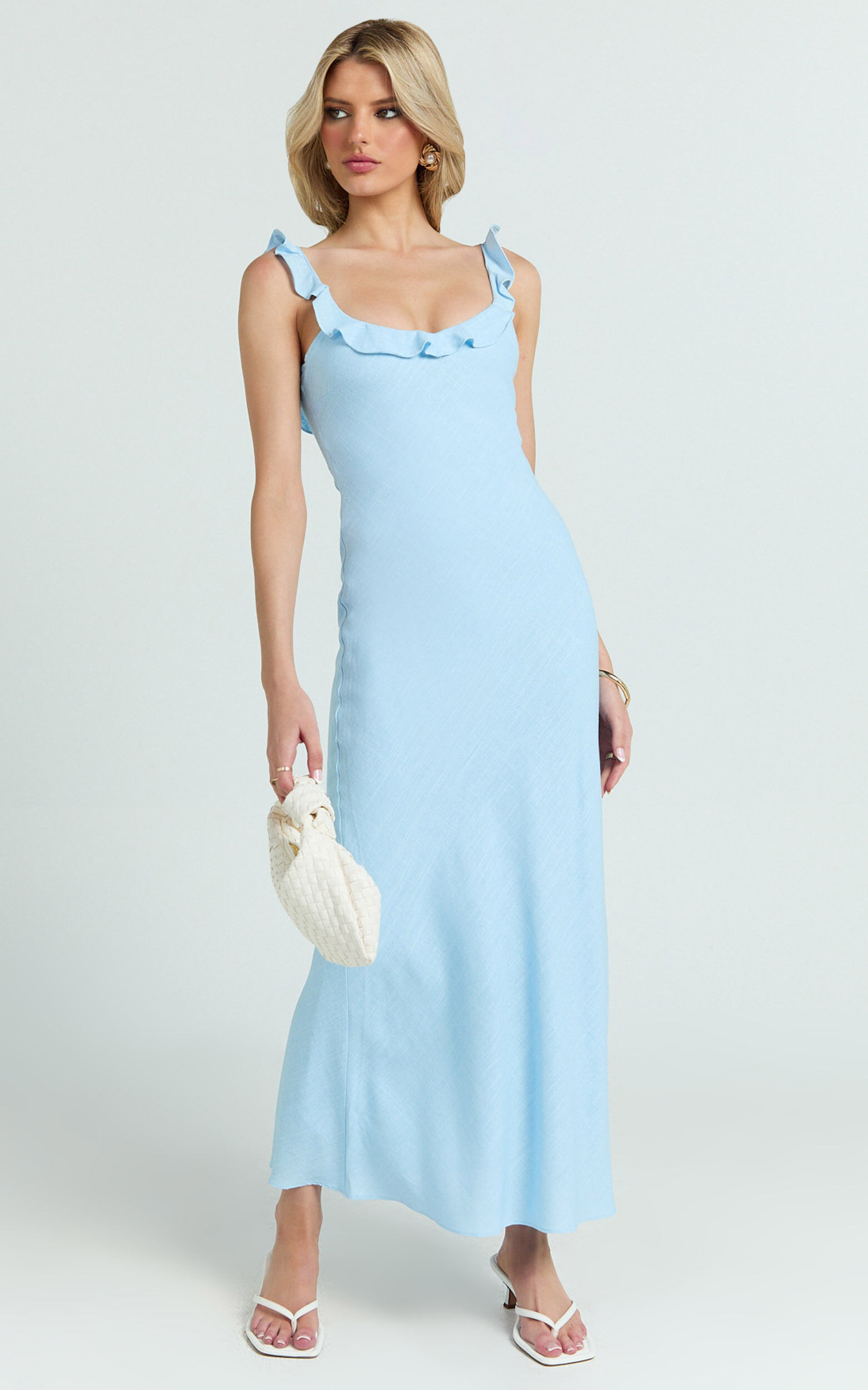 Jenkins Midi Linen Dress - Scoop Frill Neck A Line Dress in Light Blue