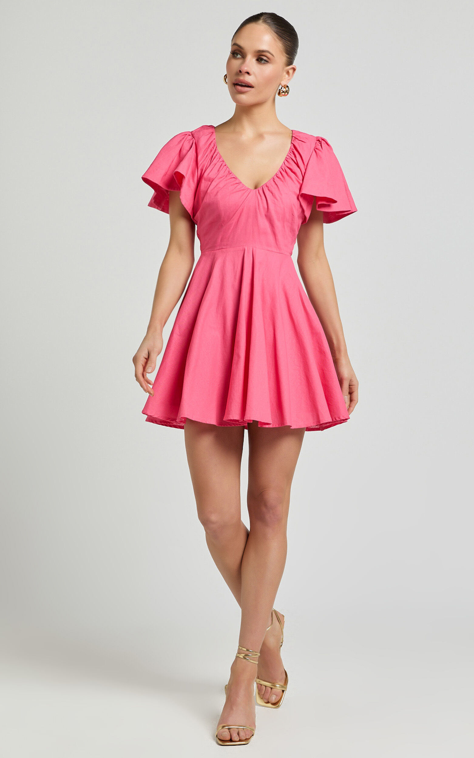 Carli Mini Dress - Linen Ruched Bodice Bell Sleeve Dress in Pink
