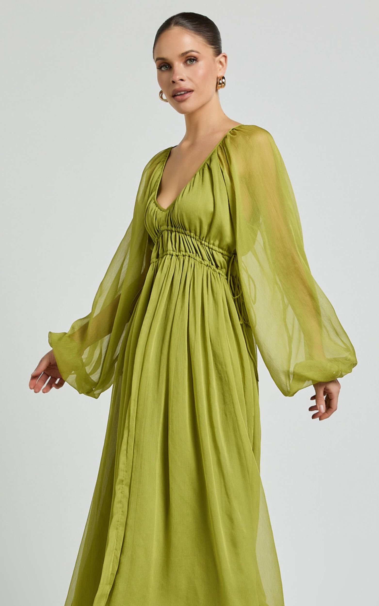 Roxanna Maxi Dress - Long Sleeve Ruched Waist Dress in Green