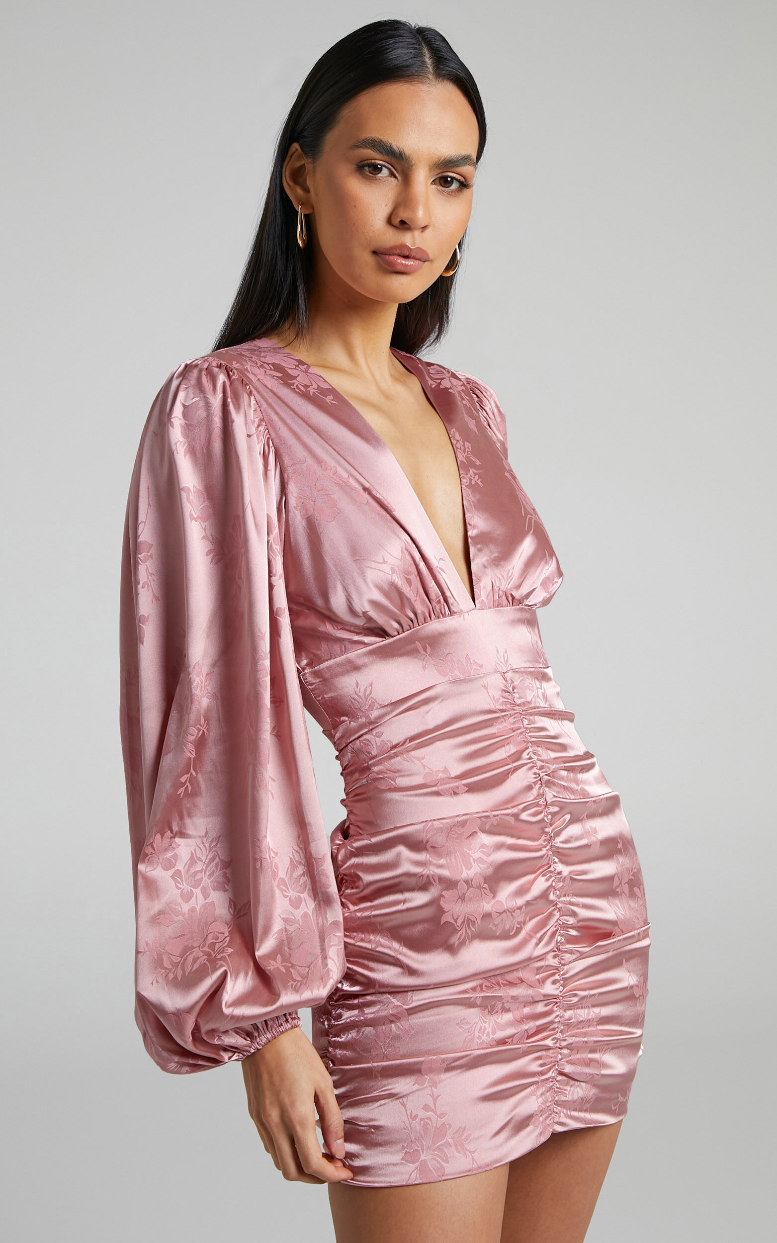 Richmond Mini Dress - Long Sleeve Ruched Dress in Dusty Pink