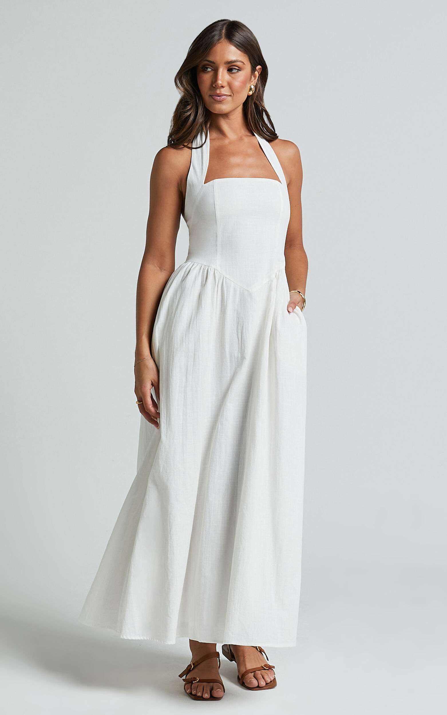 Daniella Maxi Dress - Halter Neck A Line Dress in White