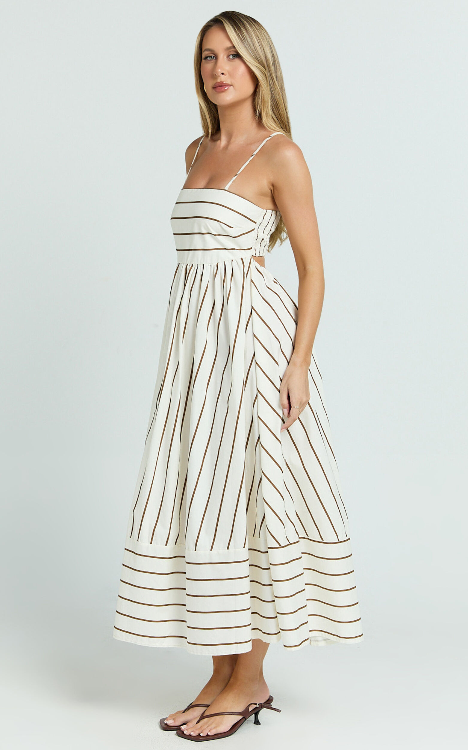 Erich Midi Dress - Open Back Stripe Dress in Beige White
