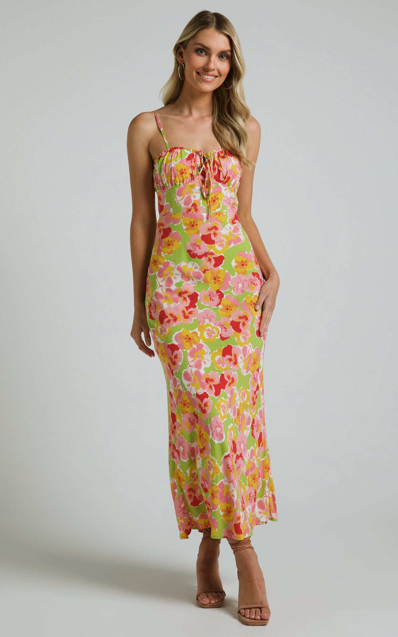 Elmerie Midi Dress - Sleeveless Tie Neck Front Dress in Green Floral Print