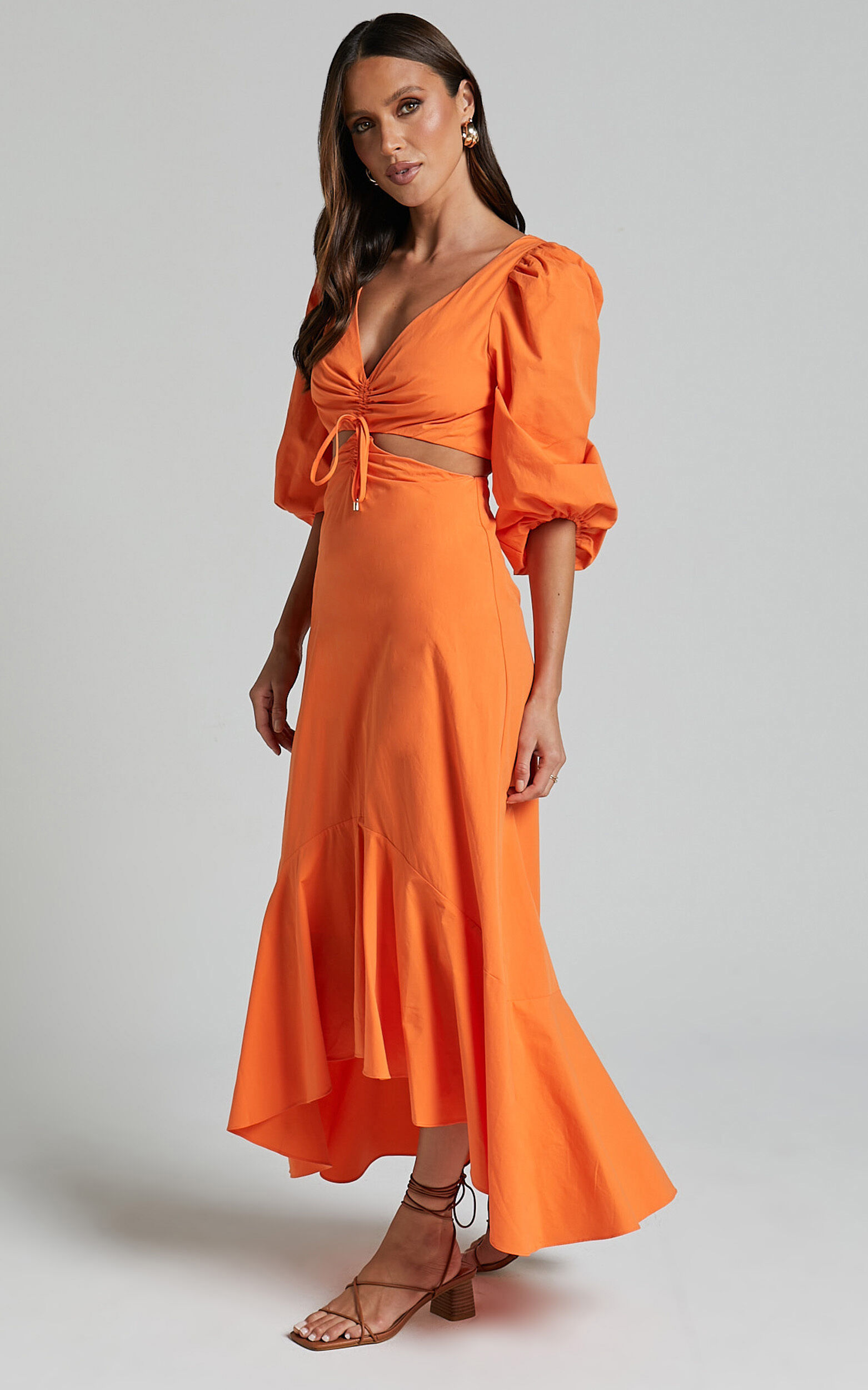 Djibouti Midi Dress - Puff Sleeve Cut Out Dress in Orange