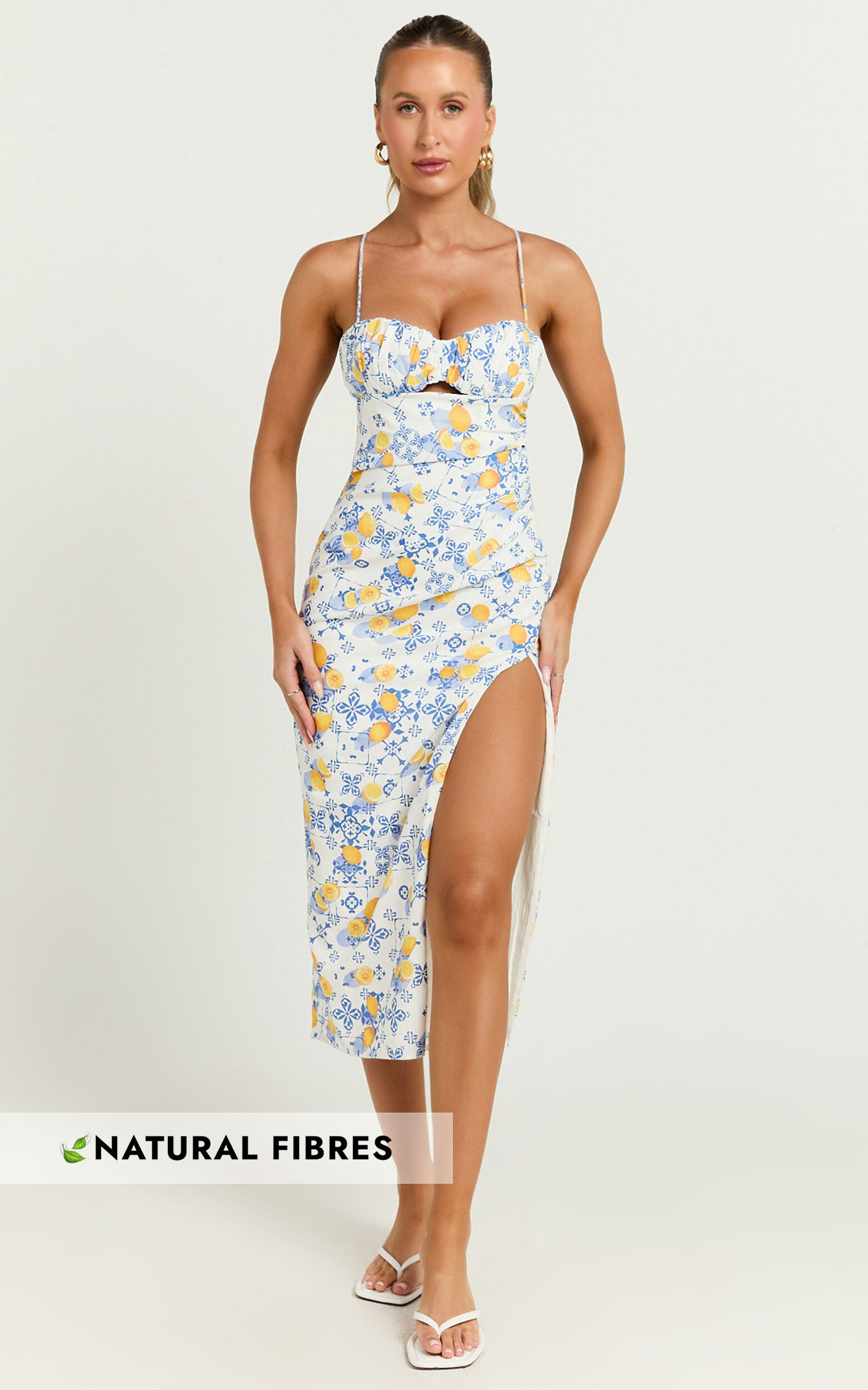 Frederica Midi Linen Dress - Gathered Sweetheart Tie Back Front Split Dress in Limoncello Tile
