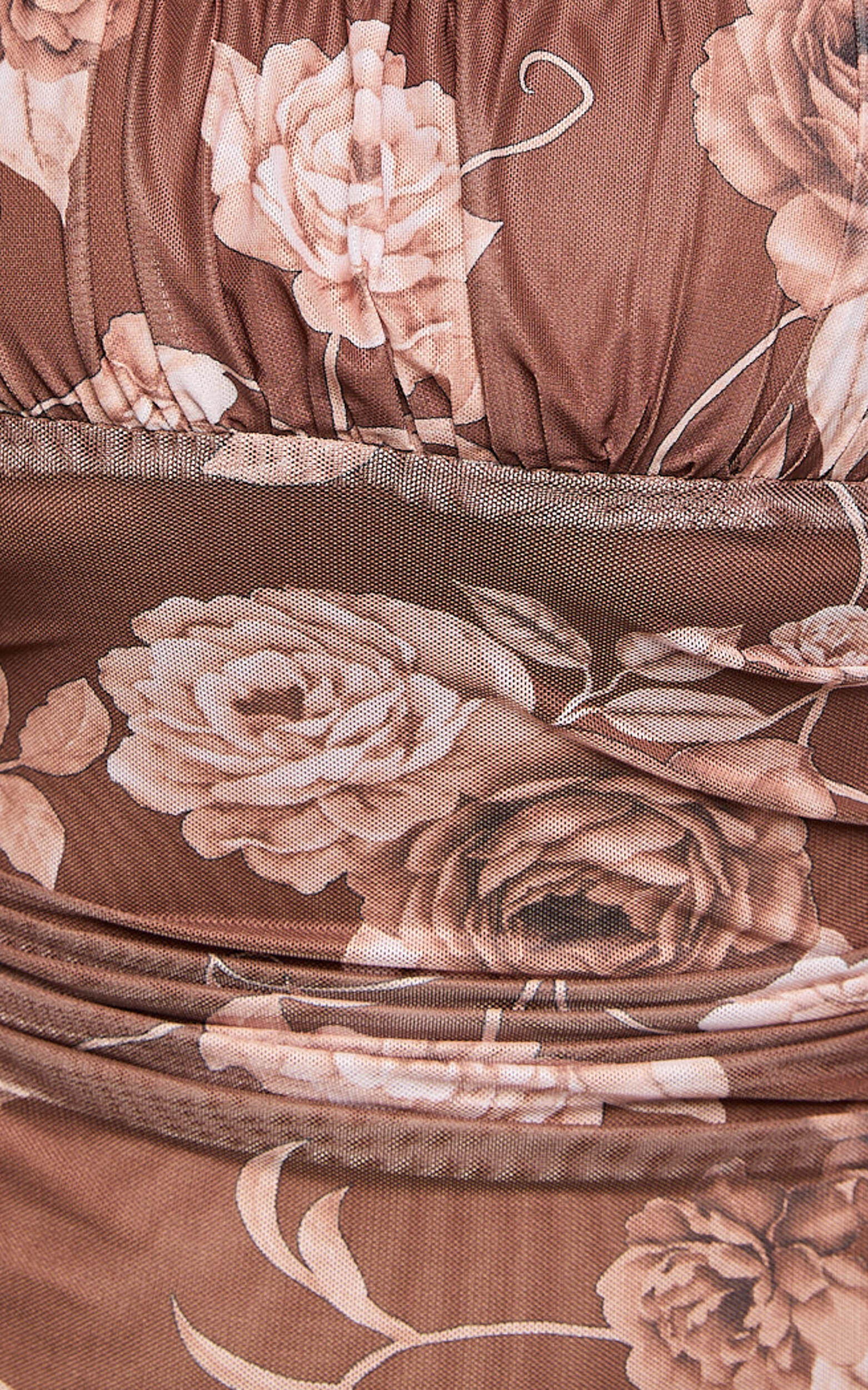 Vinnie Midi Dress - Strappy Ruched Bust Bodycon Dress in Chocolate Floral