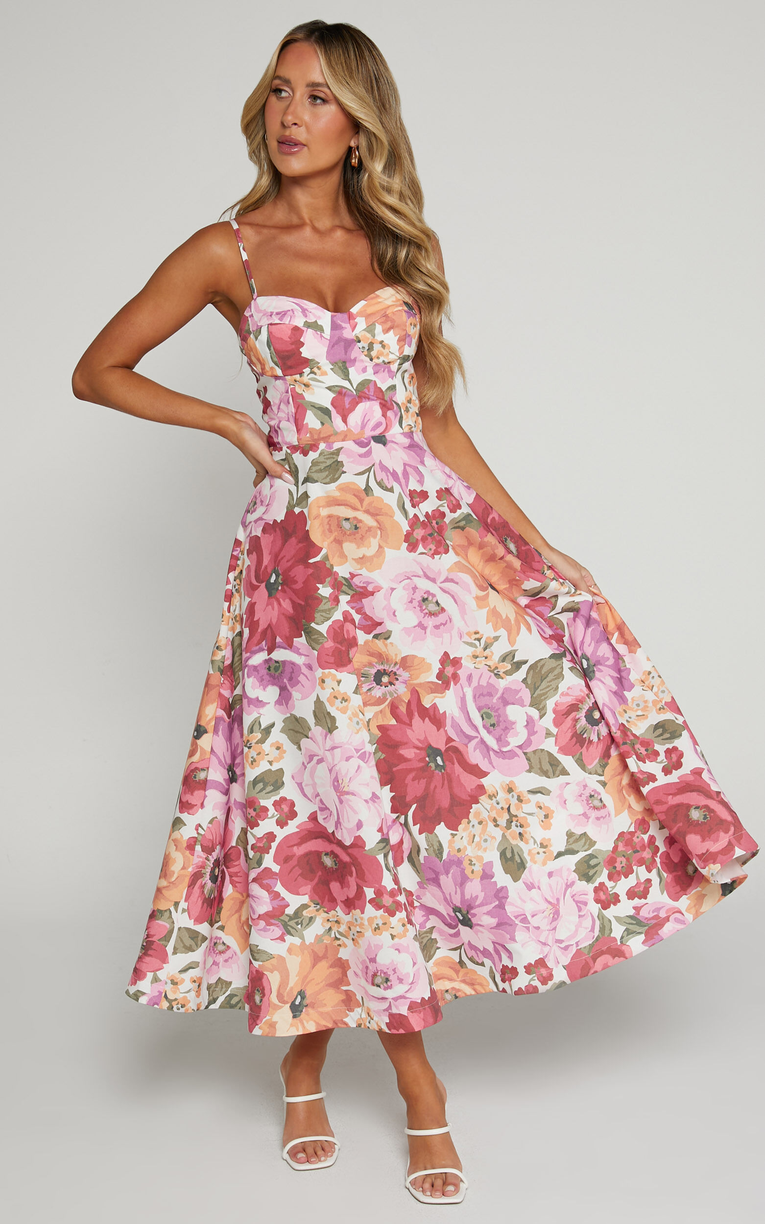 Robertson Midi Dress - Strappy Sweetheart Bustier Flare Dress in Spring Floral