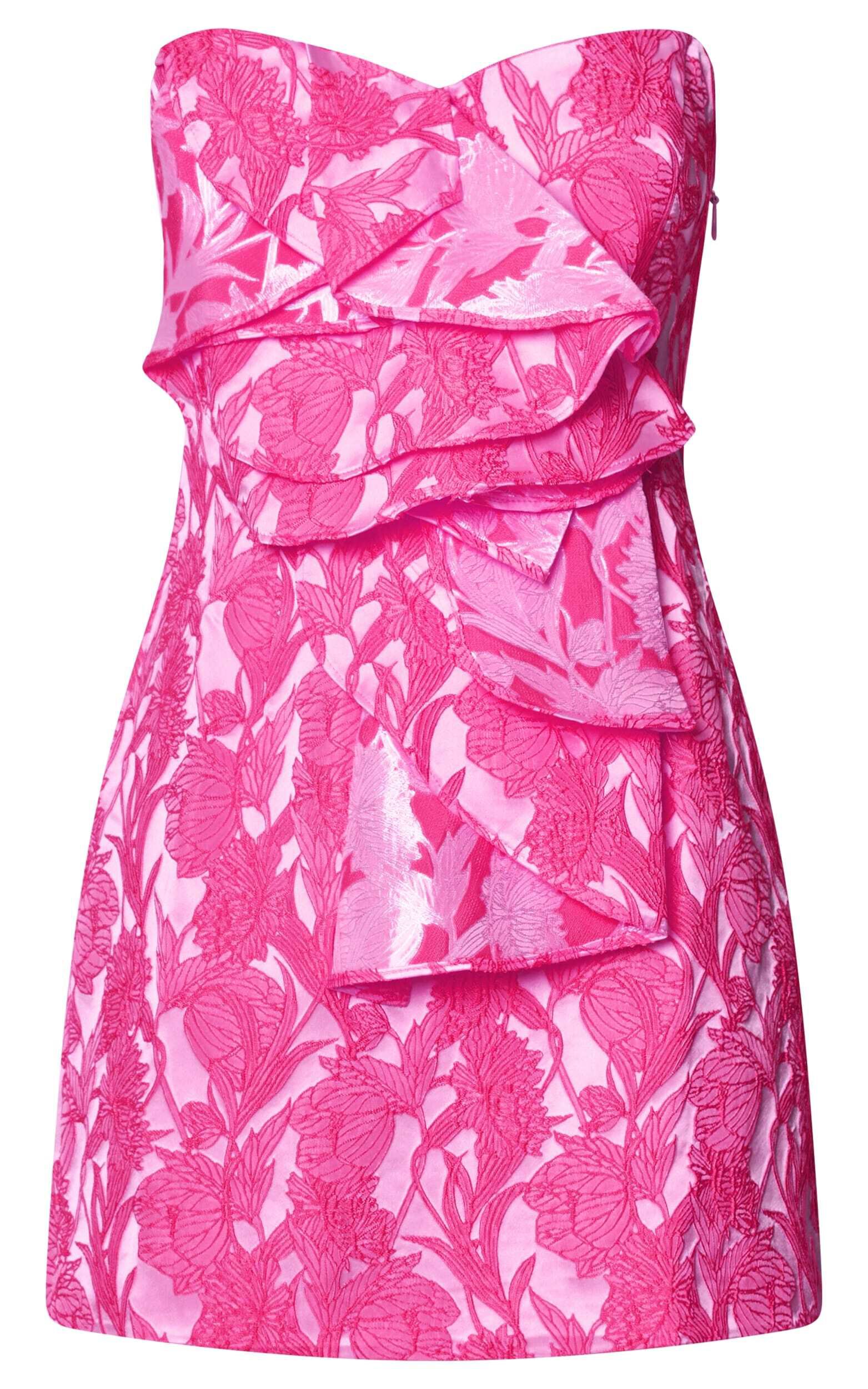 Amalie The Label - Frederika Strapless Ruffle Detail Jacquard Mini Dress in Hot Pink