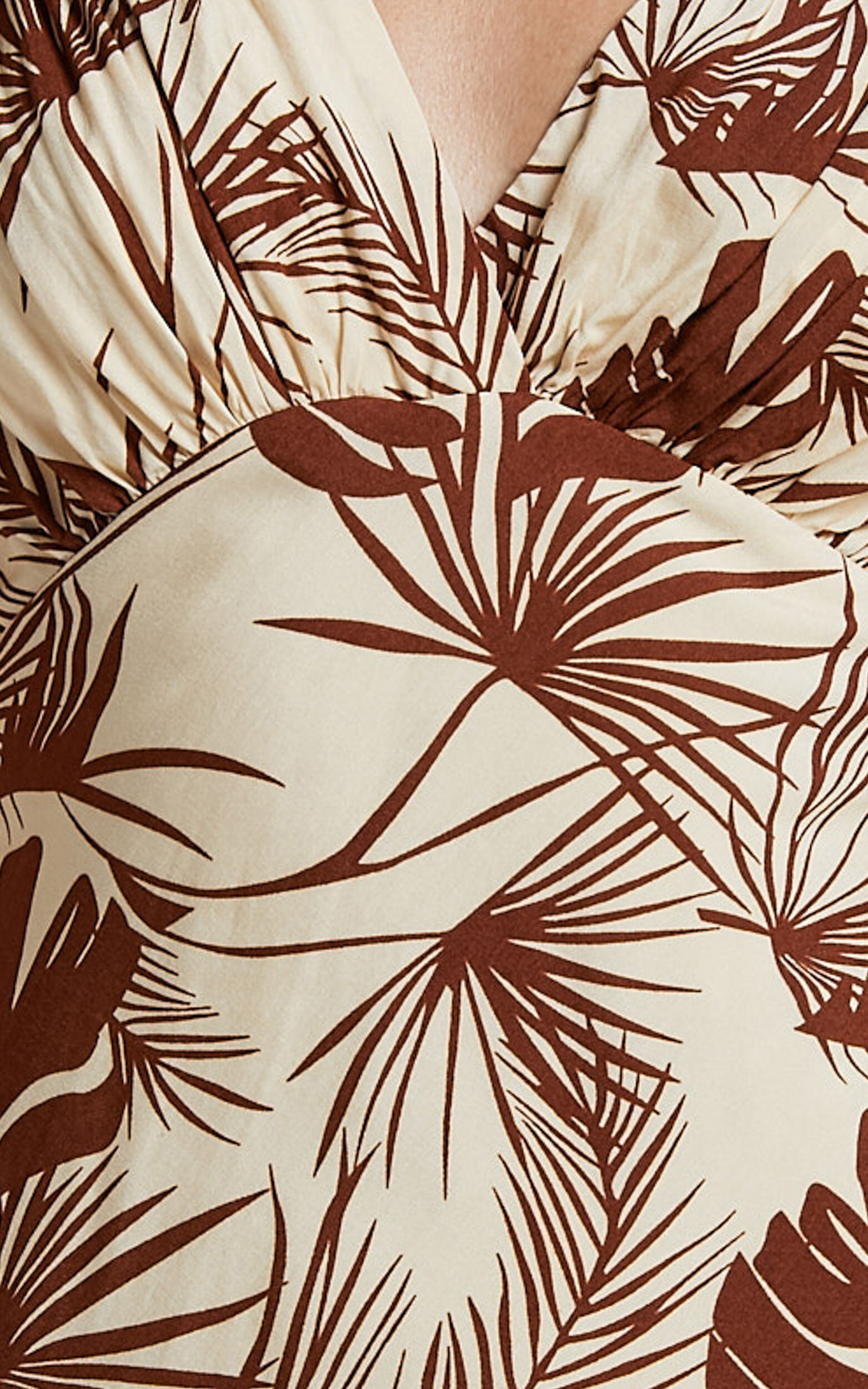 Kim Mini Dress - V Neck Empire Waist A Line Dress in Beige Palm Tree