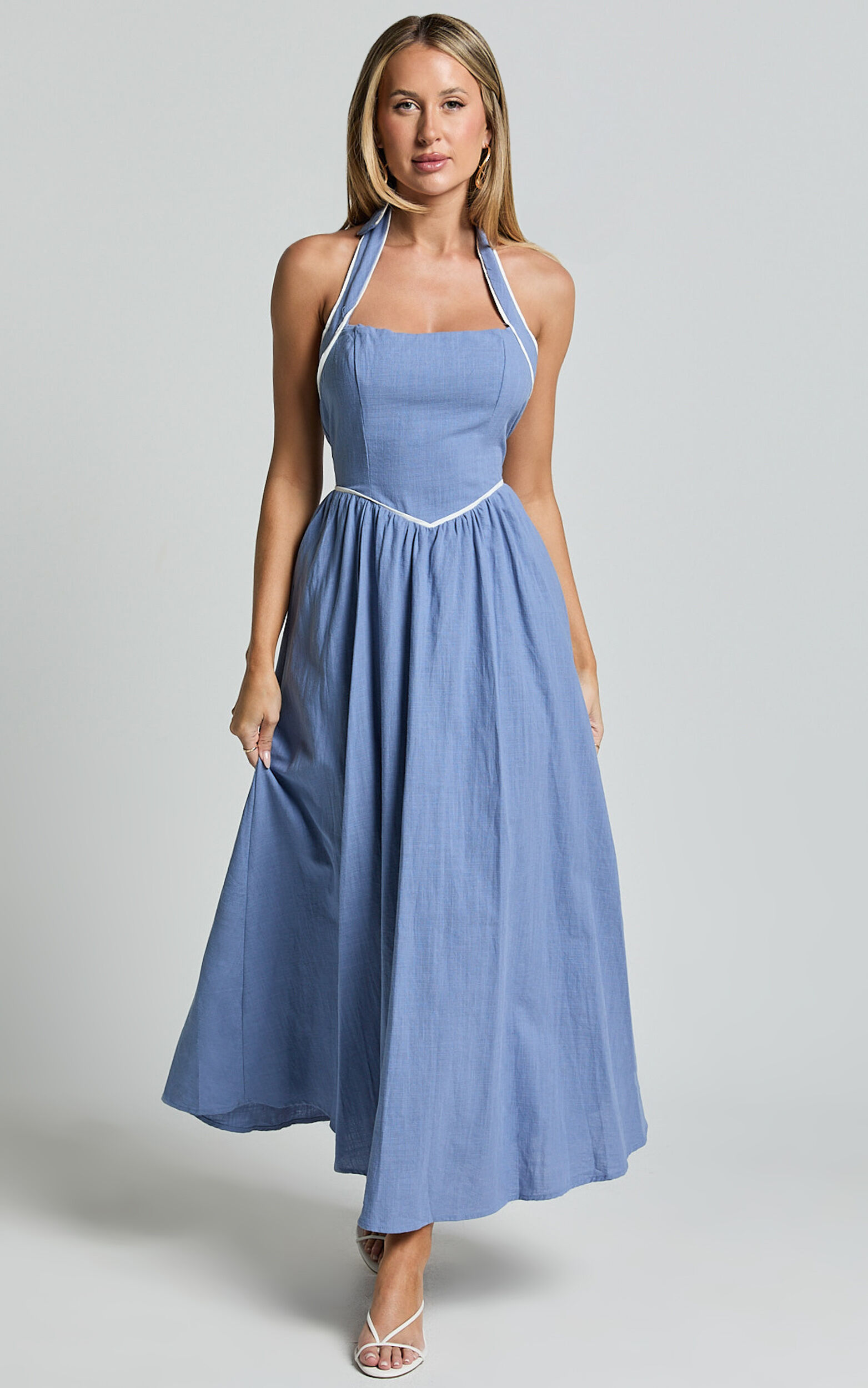Jesse Midi Dress - Halter Neck Back Tie Dress in Blue