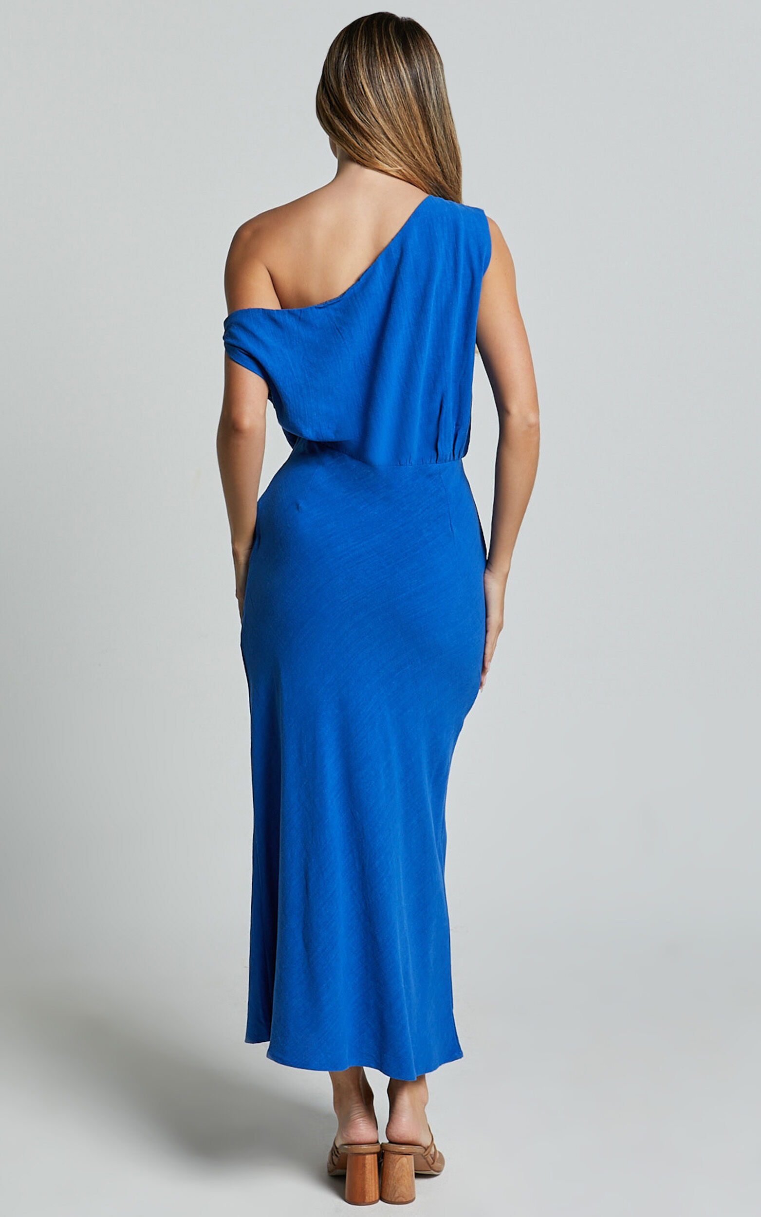 Jacqueline Midi Dress - Linen One Shoulder Dress in Cobalt