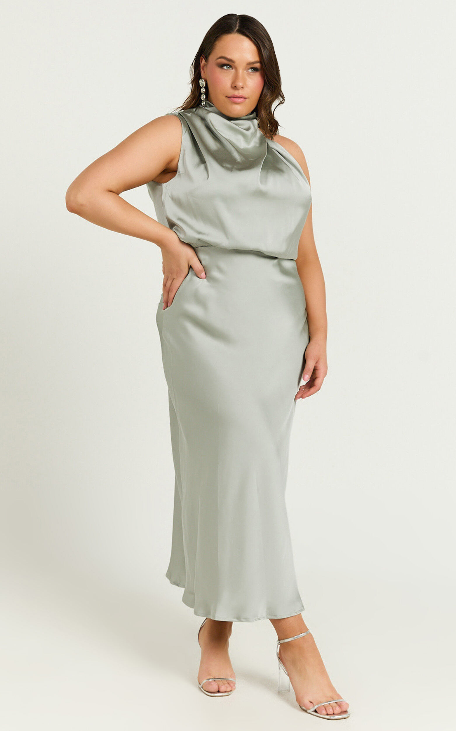 Minnie Midi Dress - Drape Neck Satin Slip Dress in Sage
