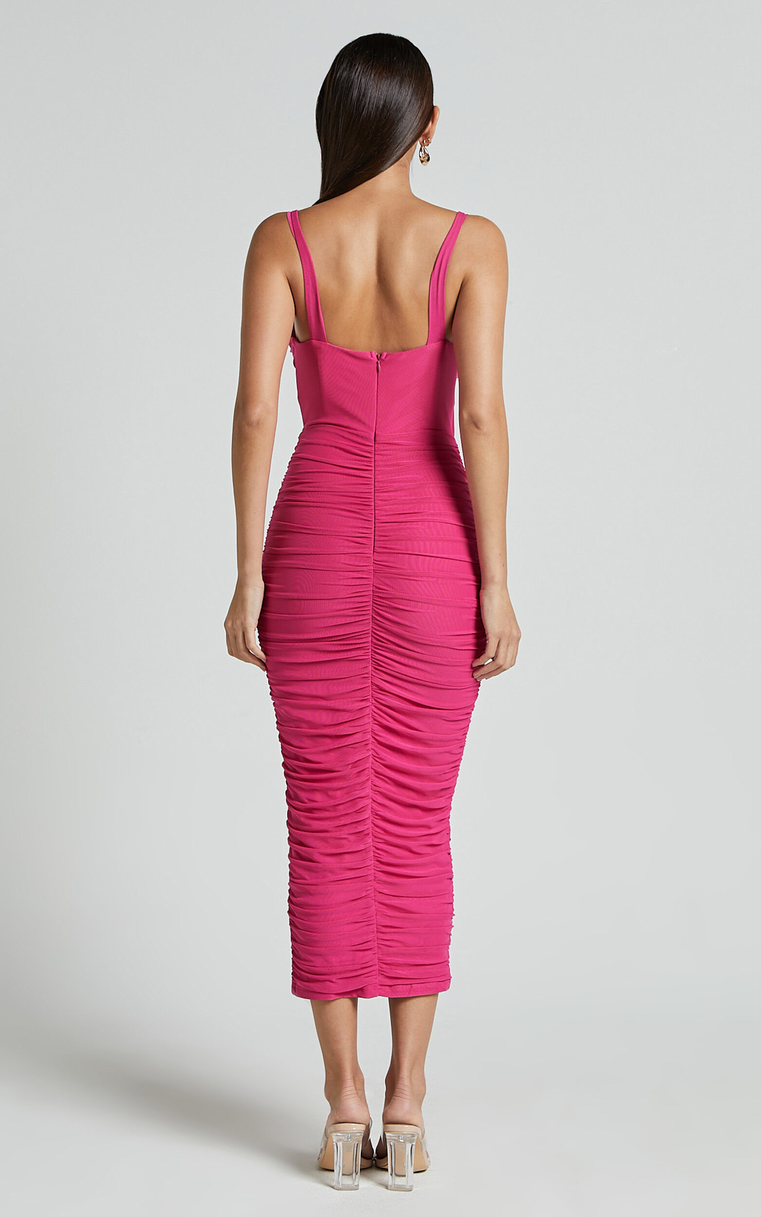 Suzie Midi Dress - Sweetheart Neck Bustier Ruched Bodycon Dress in Magenta