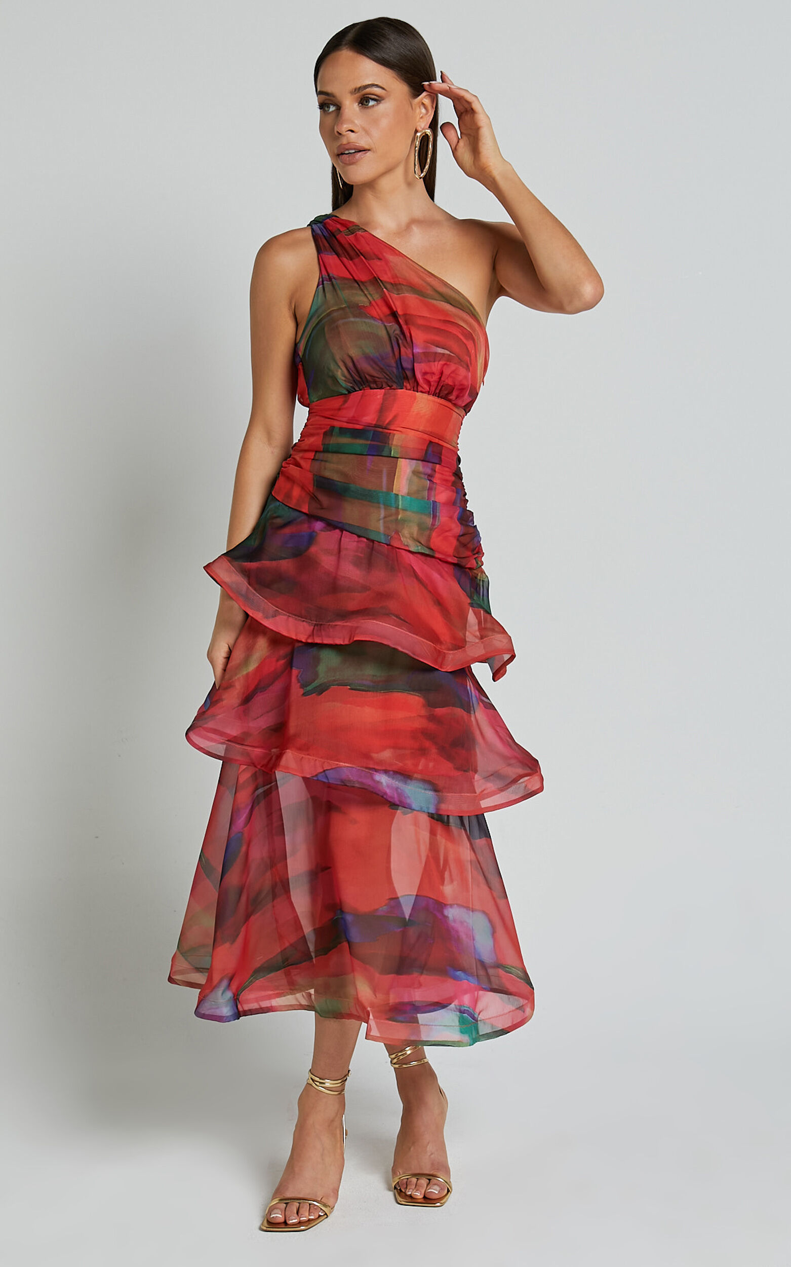 Chelsea Midi Dress - One Shoulder Tie Strap Layered Dress in Print