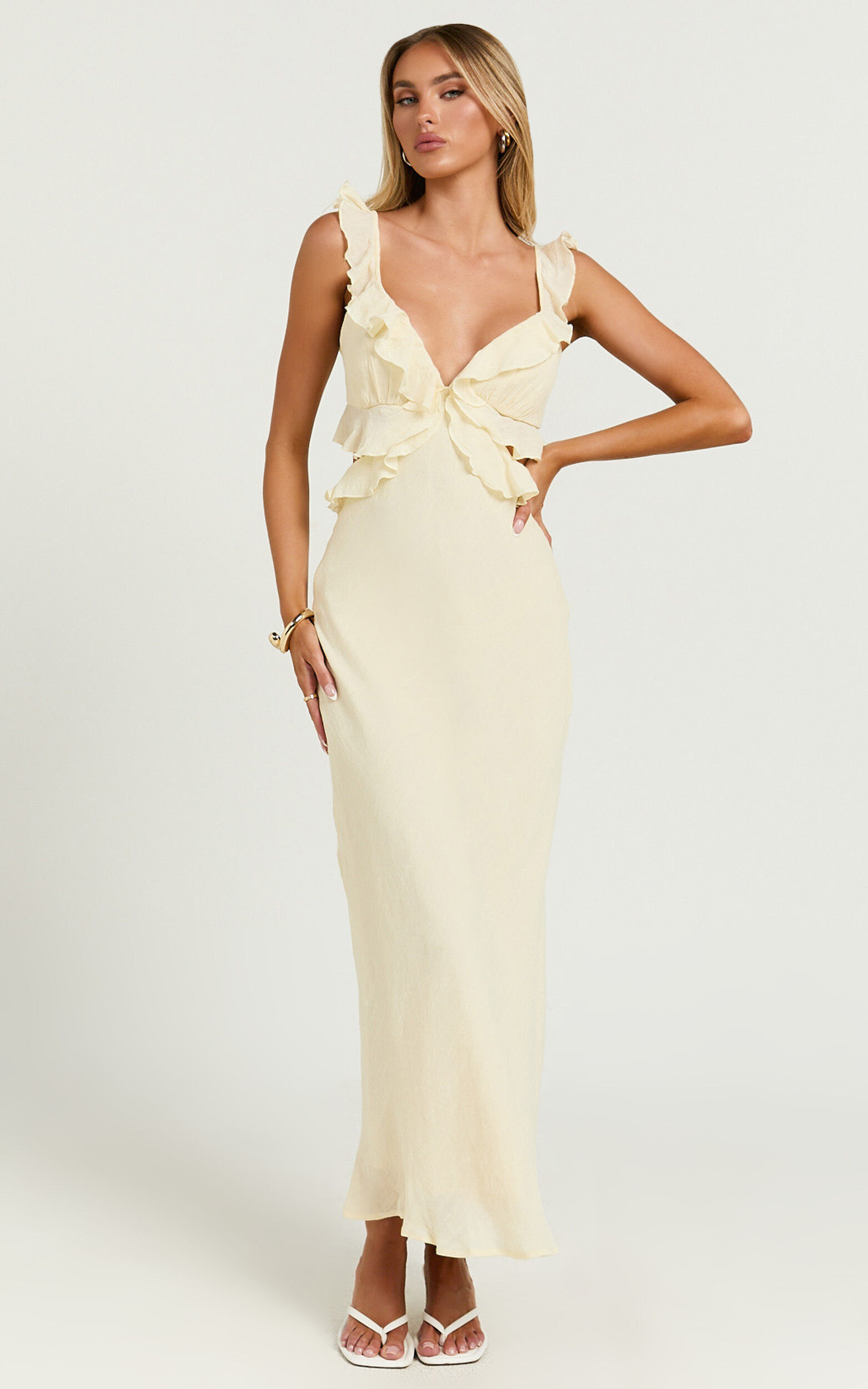 Dahlia Midi Dress - Ruffle Details Slip Dress in Lemon