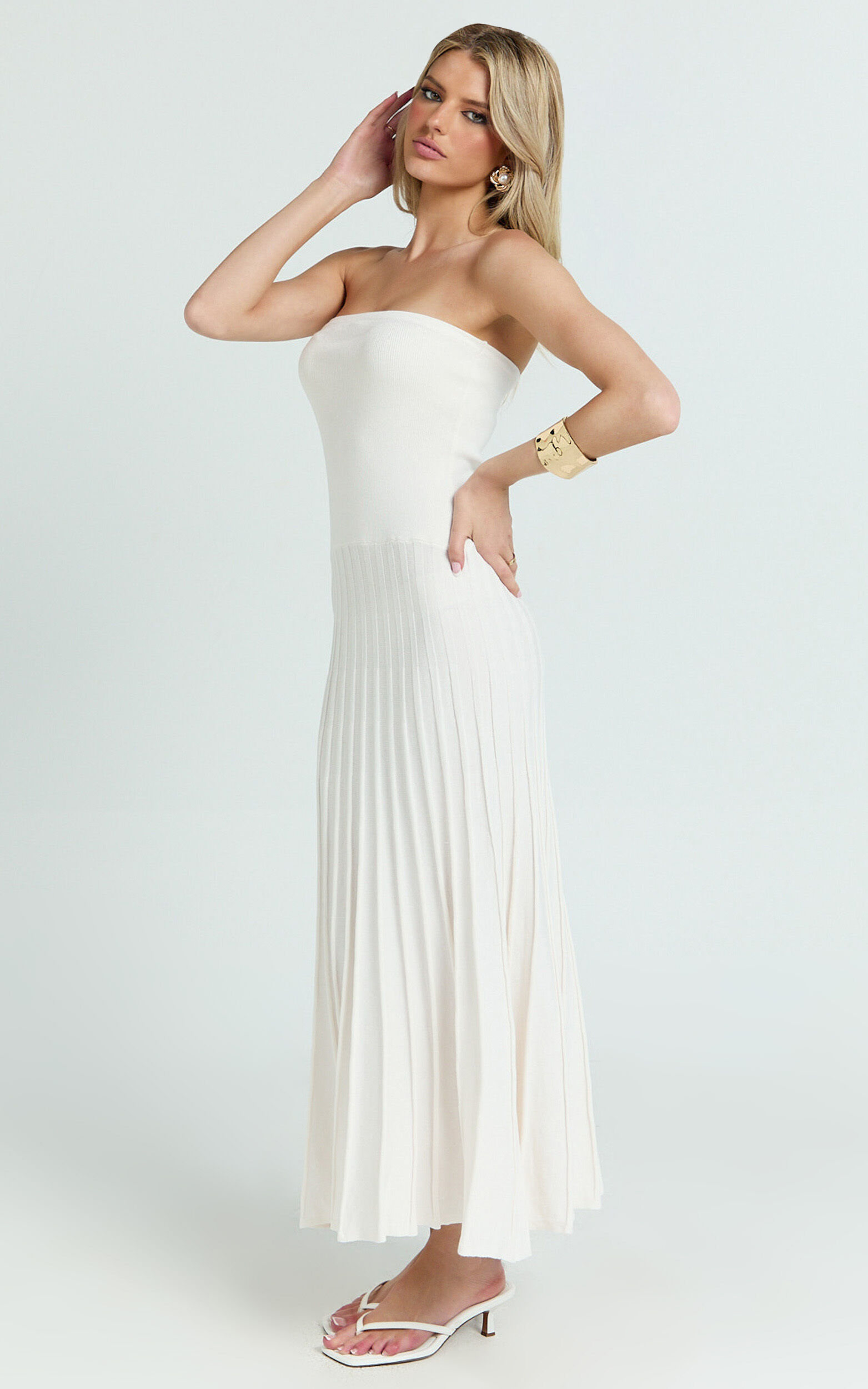 Paris Midi Dress - Strapless Drop Waist Pleated Knit Dress in White