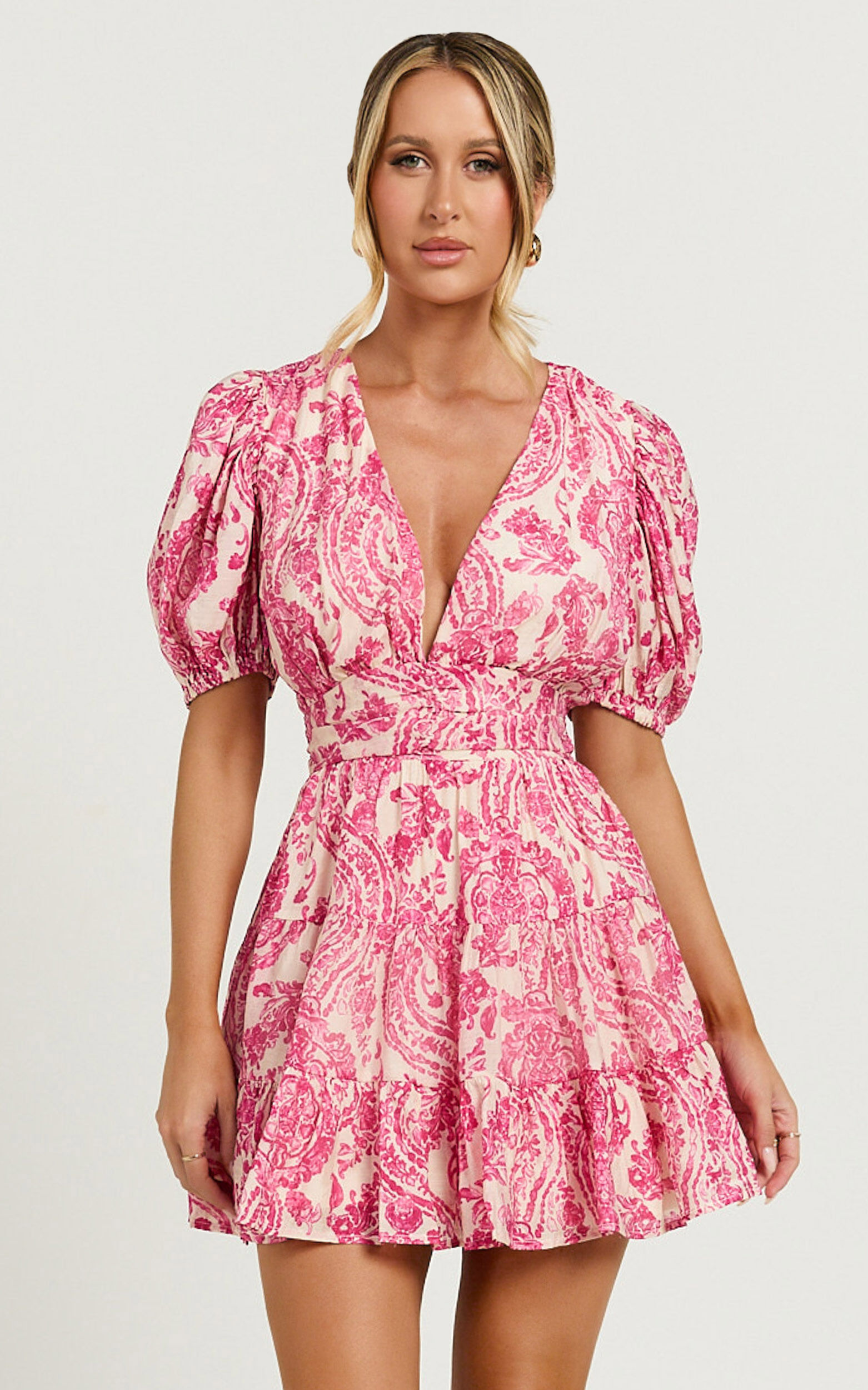 Adea Mini Dress - Plunge Puff Sleeve Tiered Dress in Pink Floral