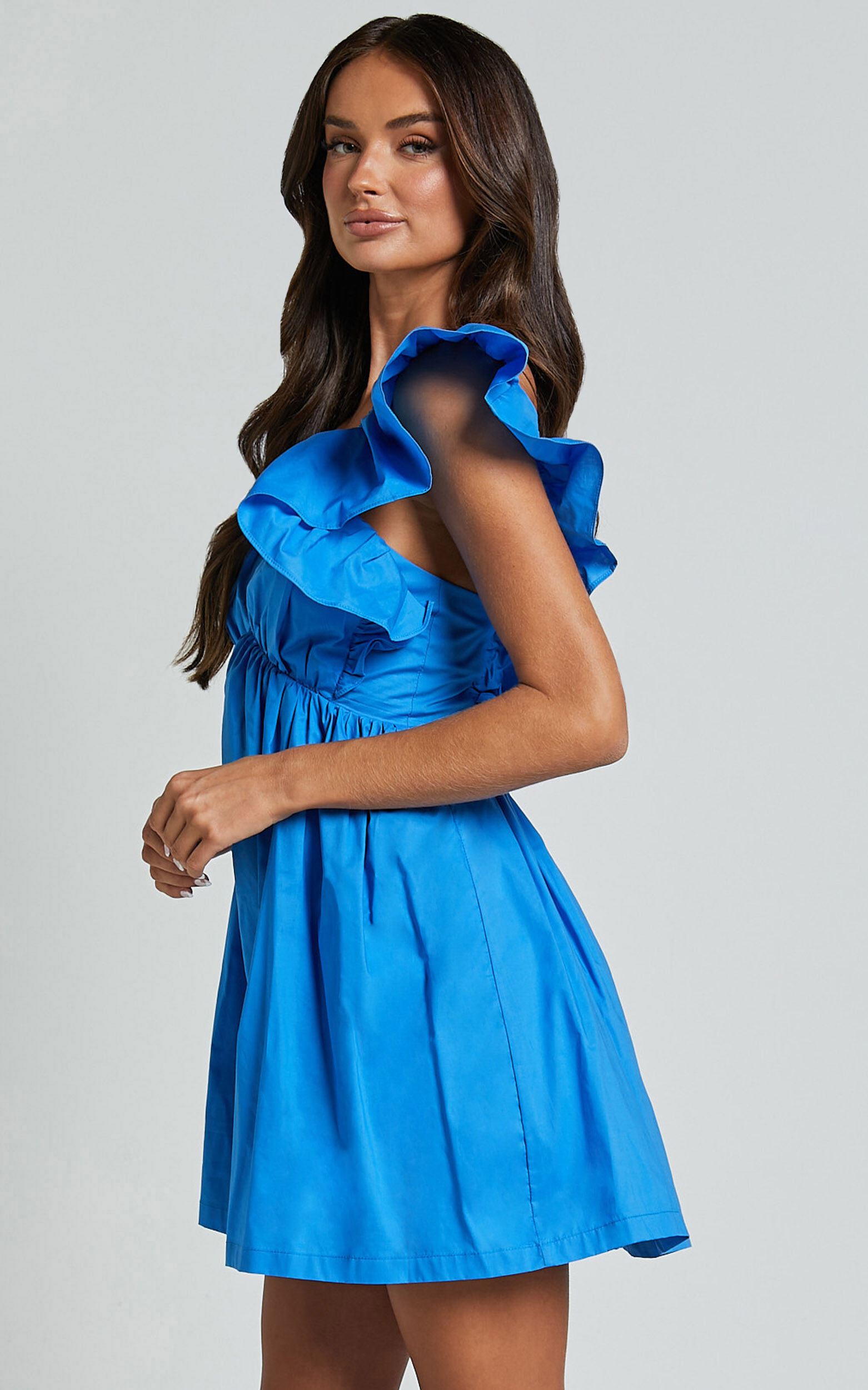 Raiza Mini Dress - Ruffle Sleeve Tie Back Plunge Dress in Blue
