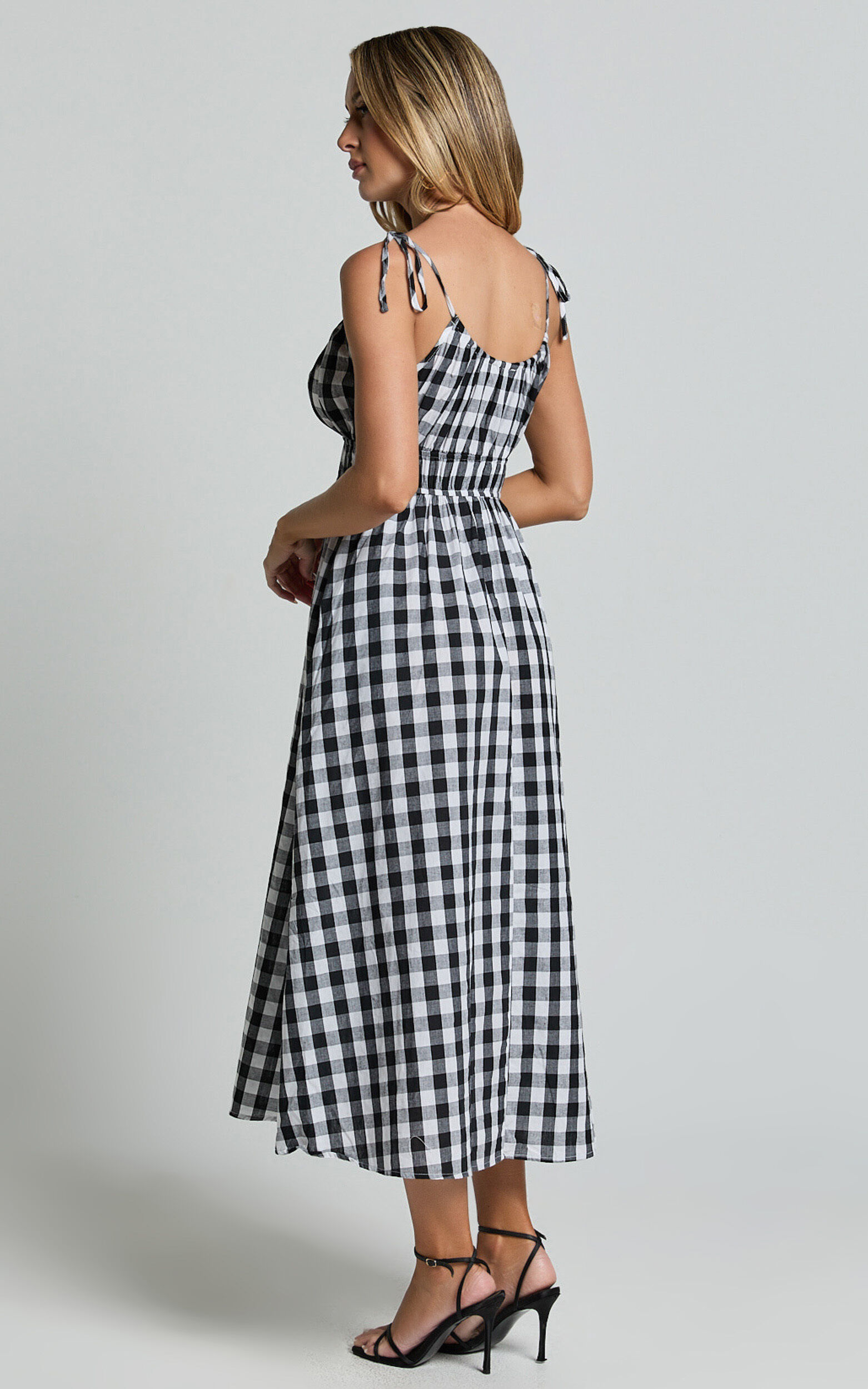 Vela Midi Dress - Strappy Tie Shoulder Elasticated Waist Dress in Black and White Gingham