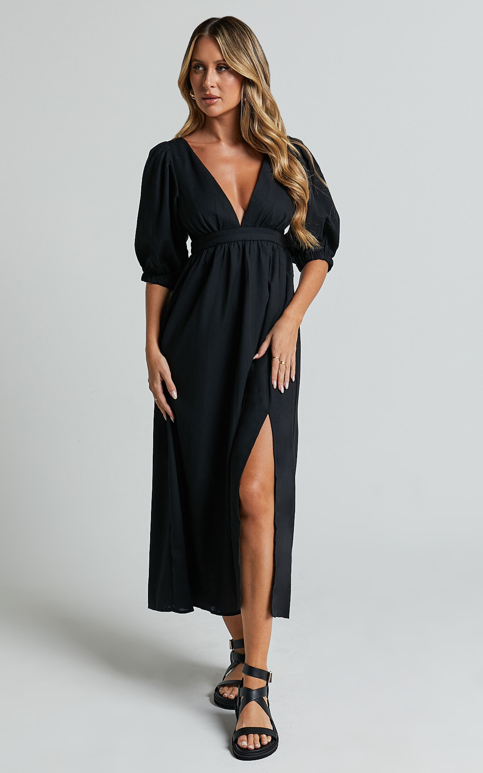 Eidie Midi Dress - Linen Puff Sleeve Open Tie Back Flare Dress in Black