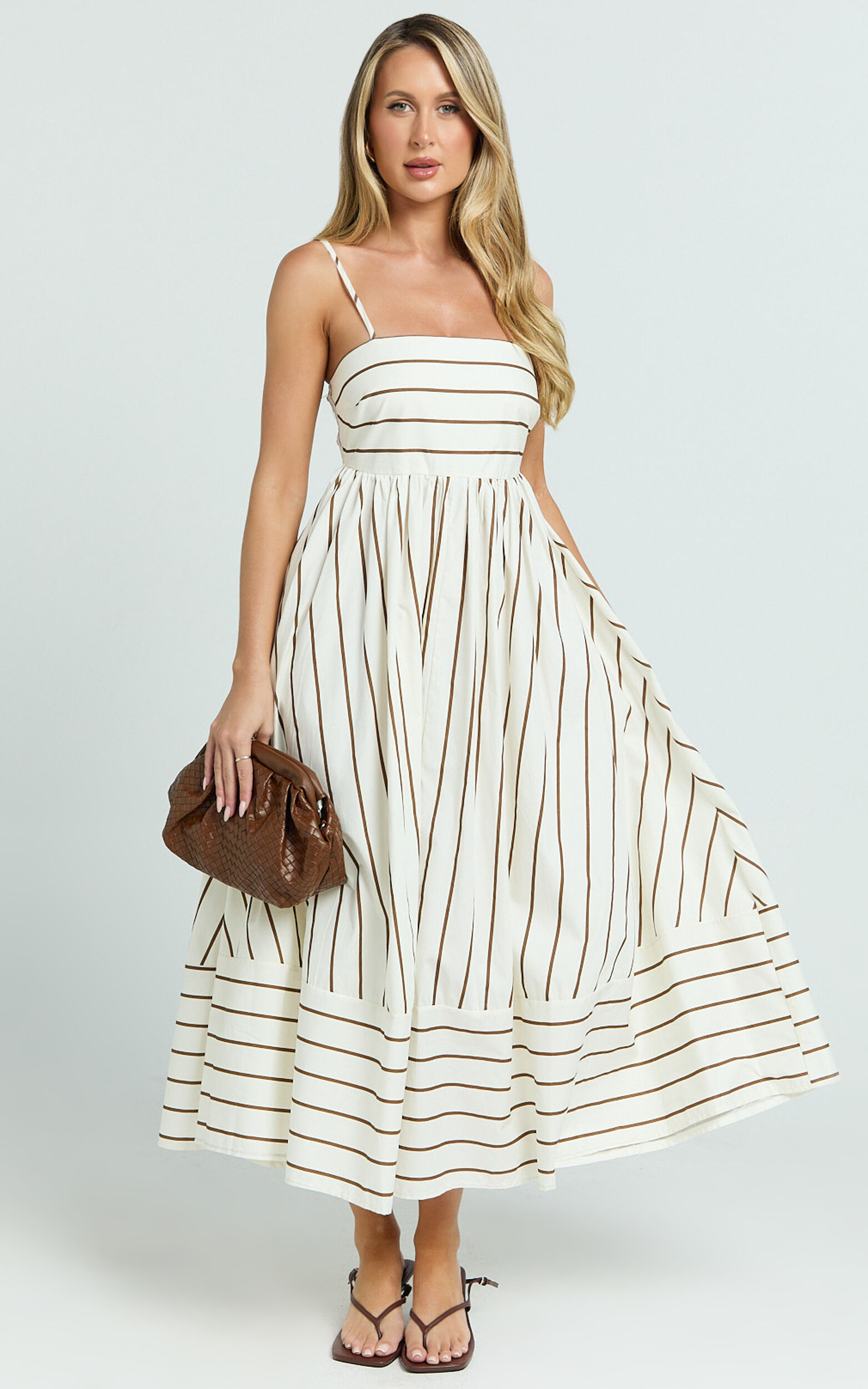 Erich Midi Dress - Open Back Stripe Dress in Beige White
