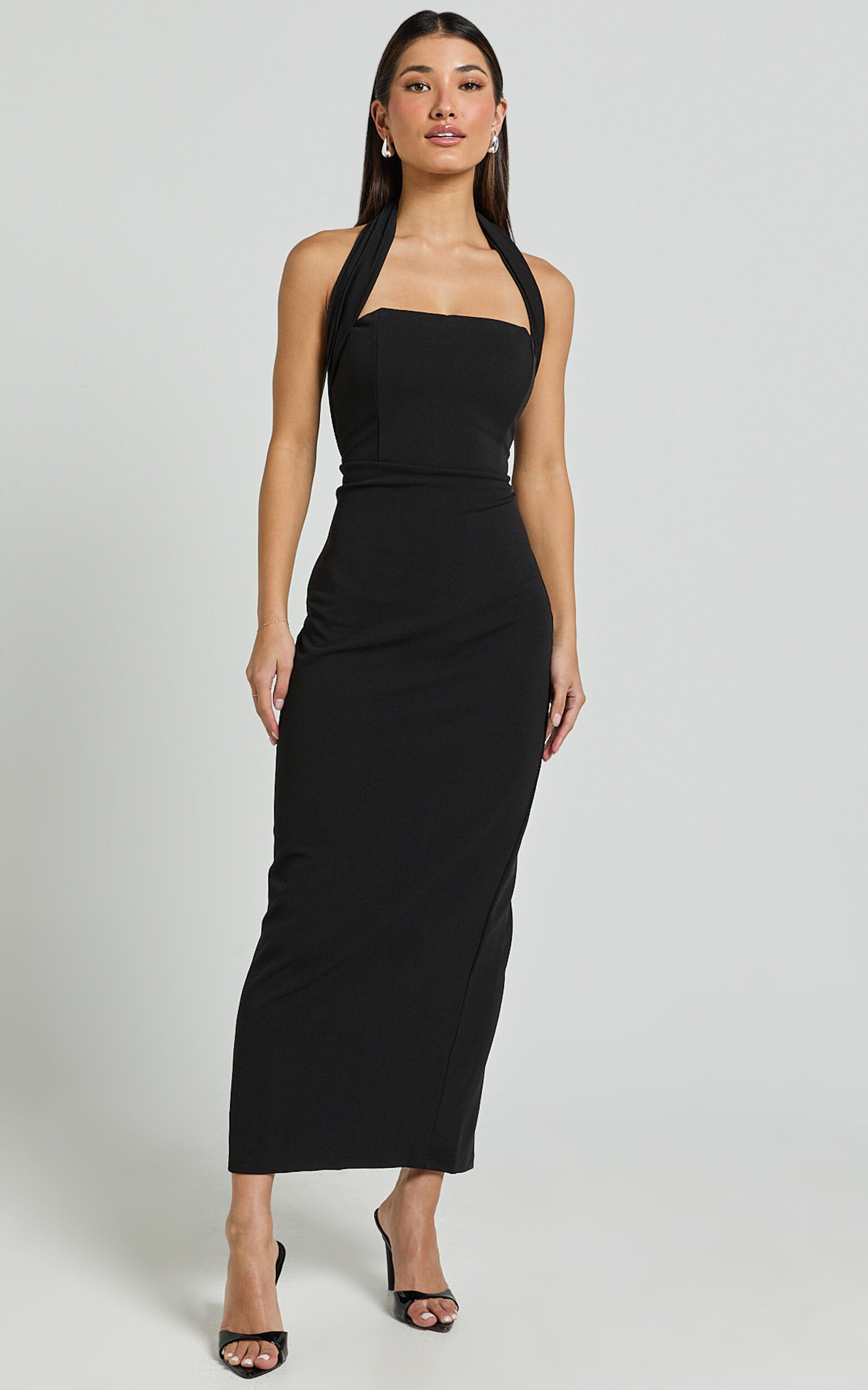 Salome Midi Dress - Halter Neck Column Dress in Black