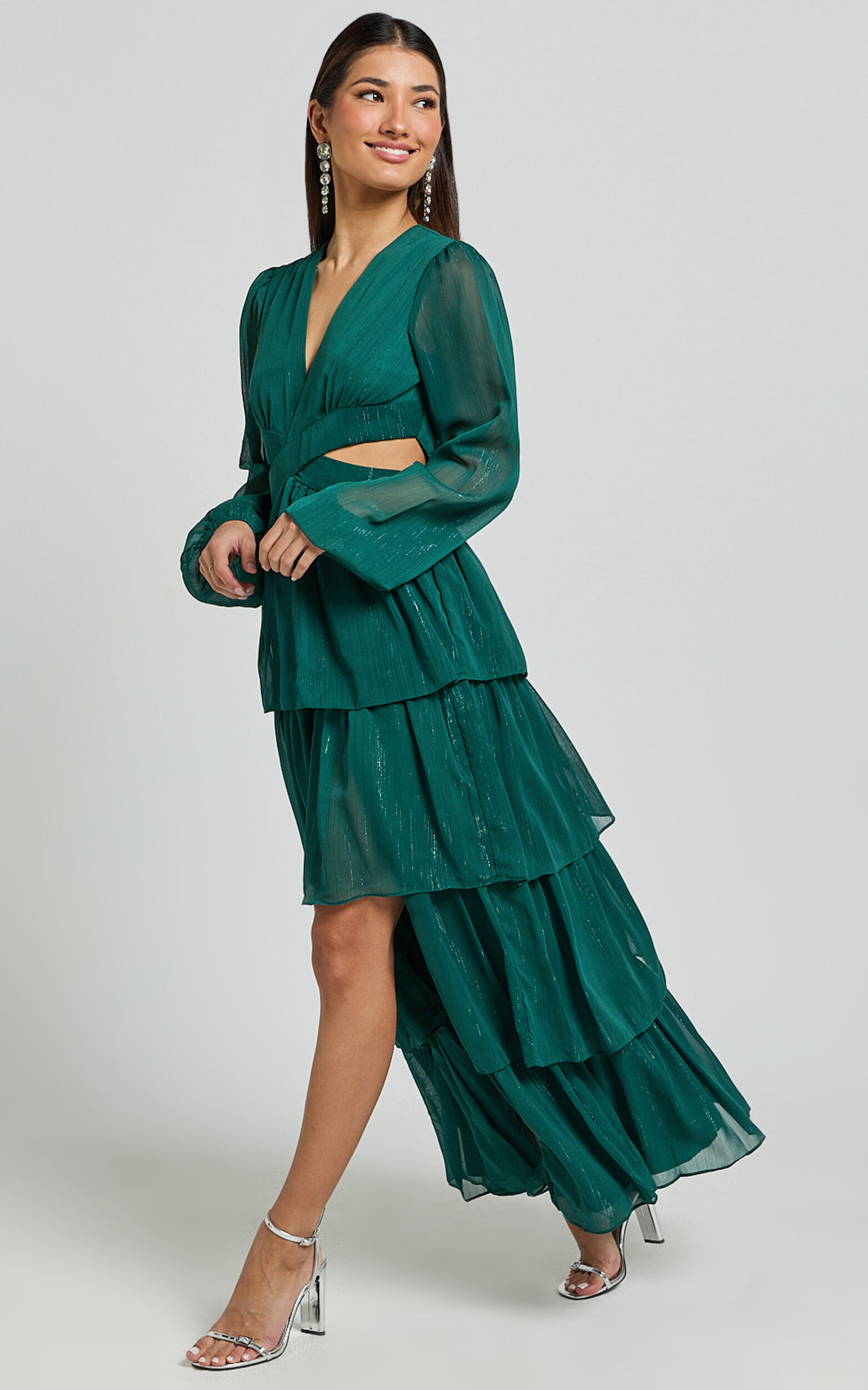 Jacinda Maxi Dress - Cut Out Long Sleeve Thigh Split Tiered Dress in Emerald