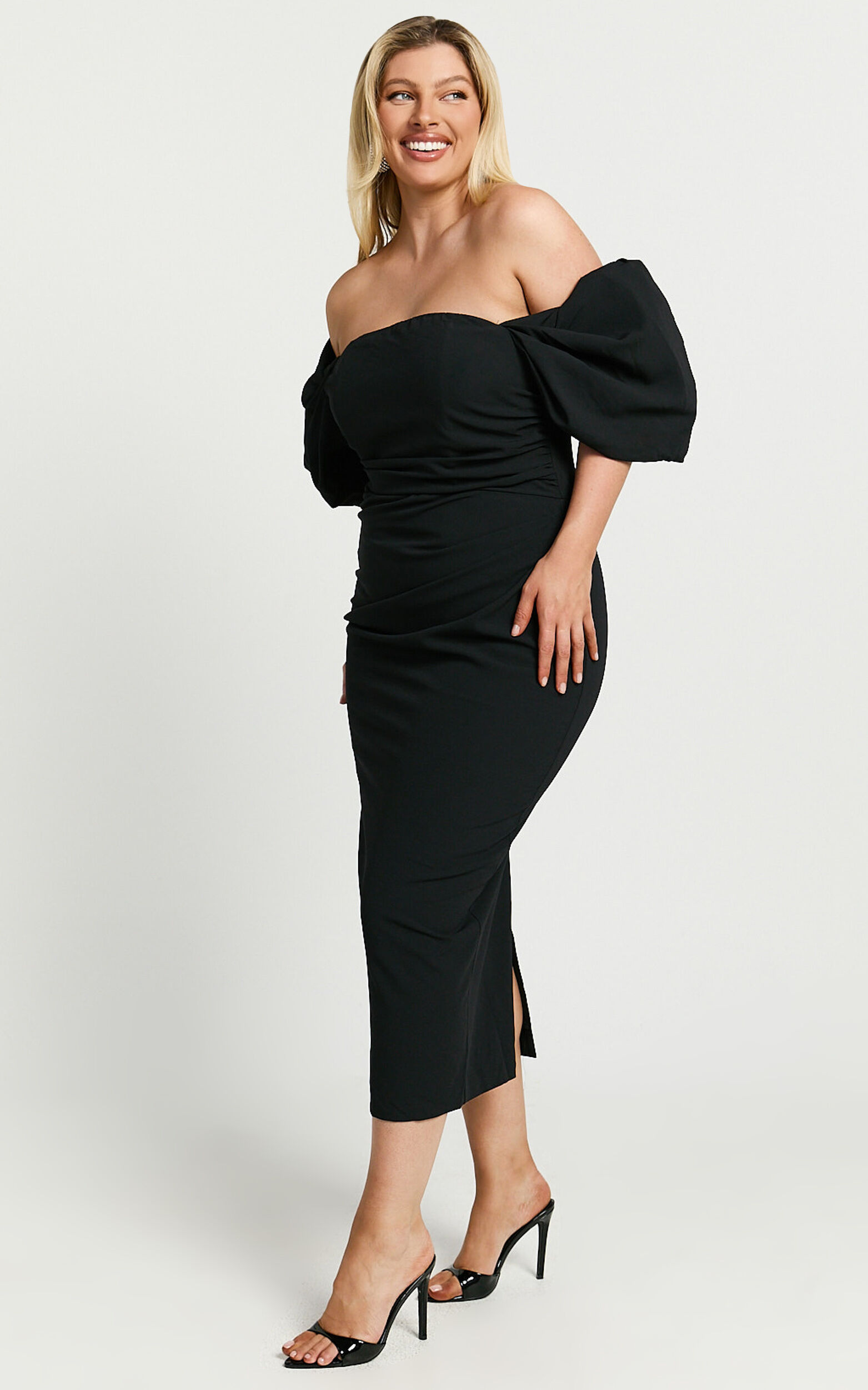 Lohan Midi Dress - Off Shoulder Puff Sleeve in Black