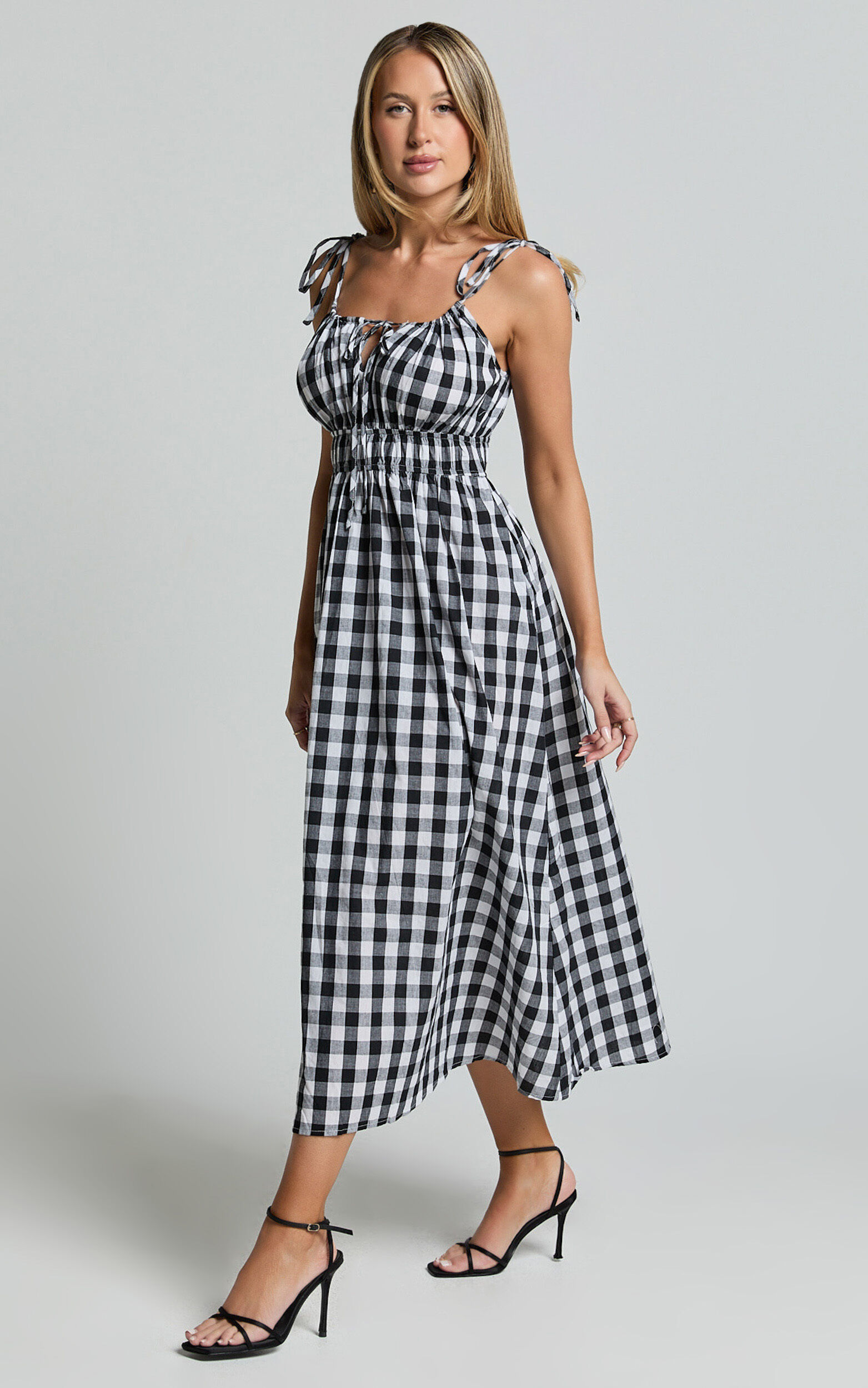 Vela Midi Dress - Strappy Tie Shoulder Elasticated Waist Dress in Black and White Gingham