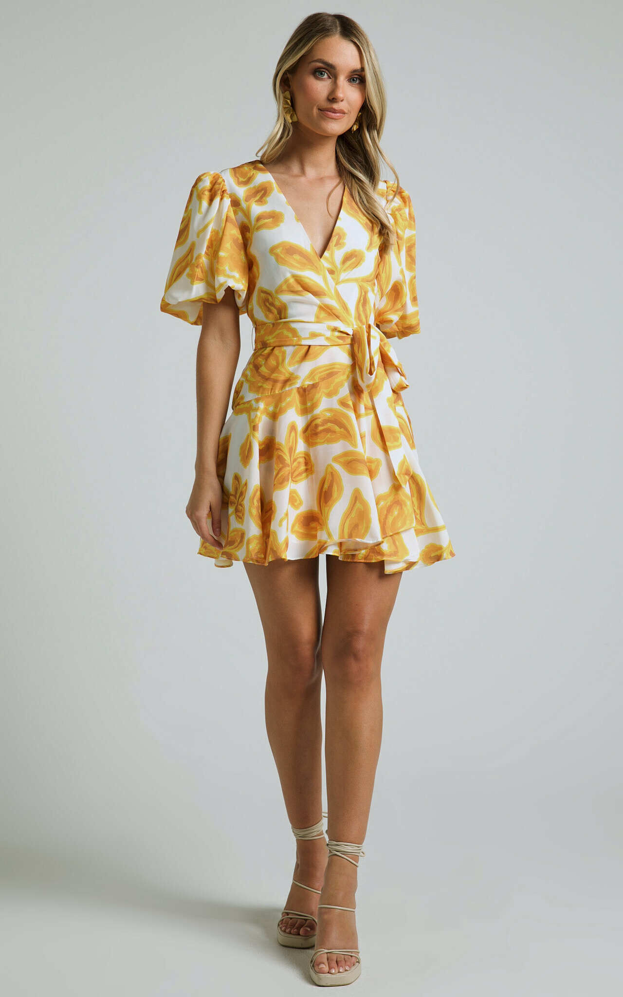 Aleka Mini Dress - V Neck Balloon Sleeve Wrap in Sunshine Floral