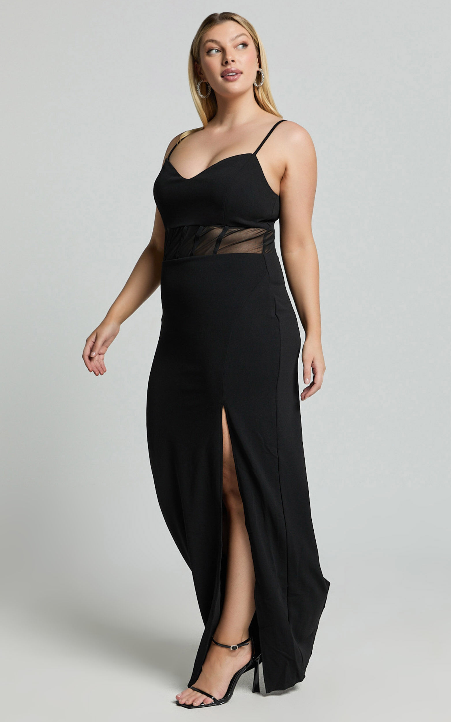 Carmen Midi Dress - Sheer Corset Panel High Split Dress in Black