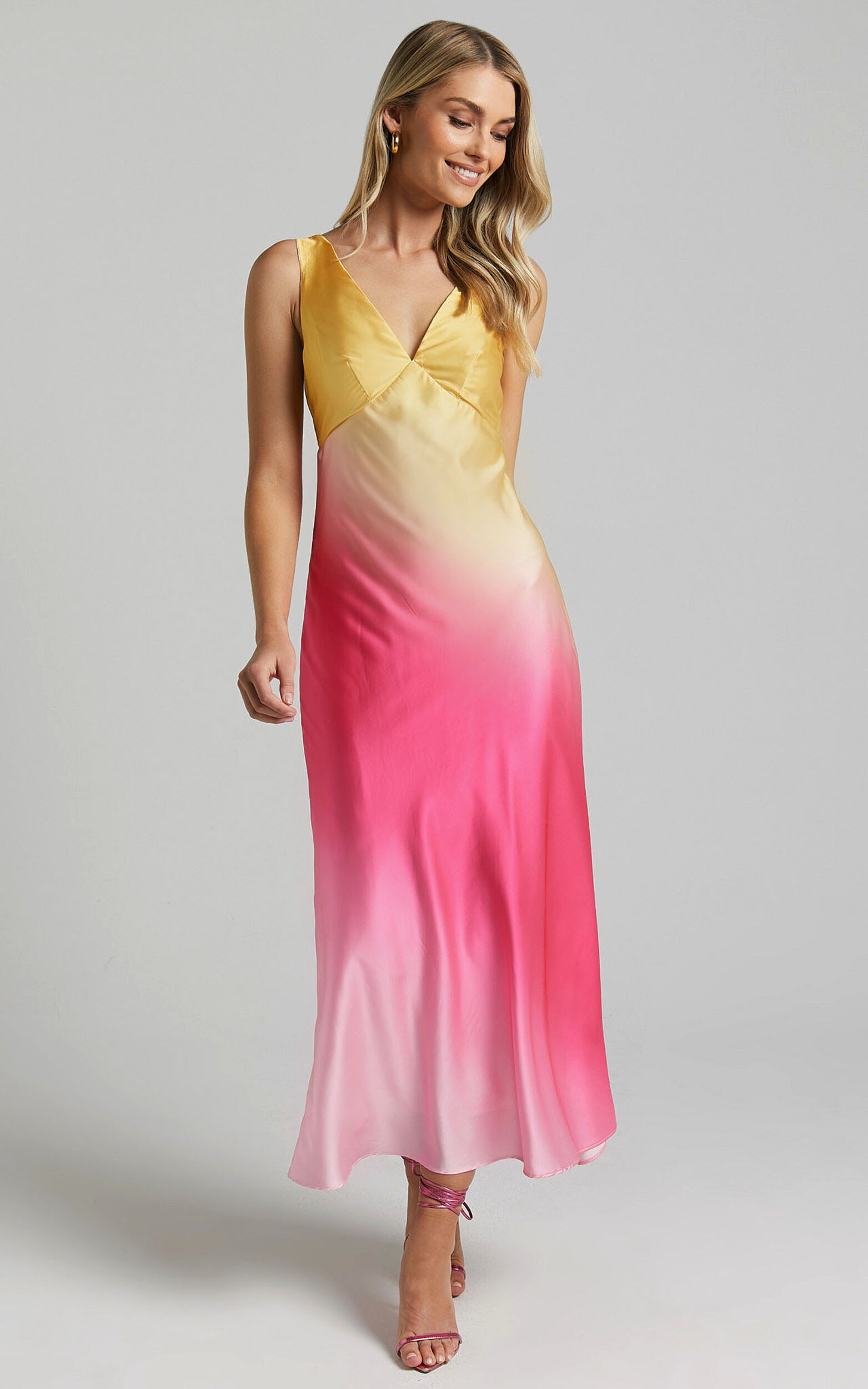 Erika Midi Dress - V Neck Satin Slip Dress in SUNSET OMBRE