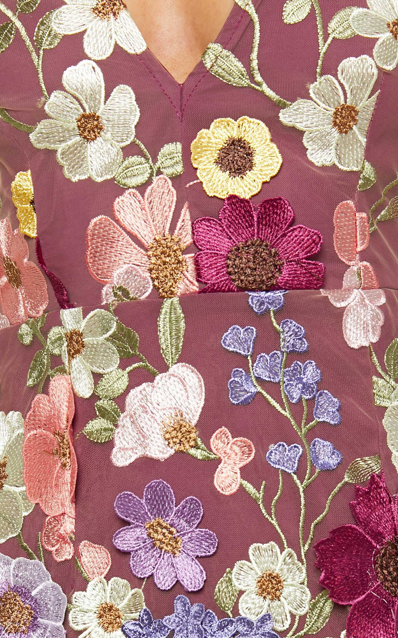 Wren Mini Dress - Puff Sleeve Bodycon 3d Garden Flowers Dress in Burgundy